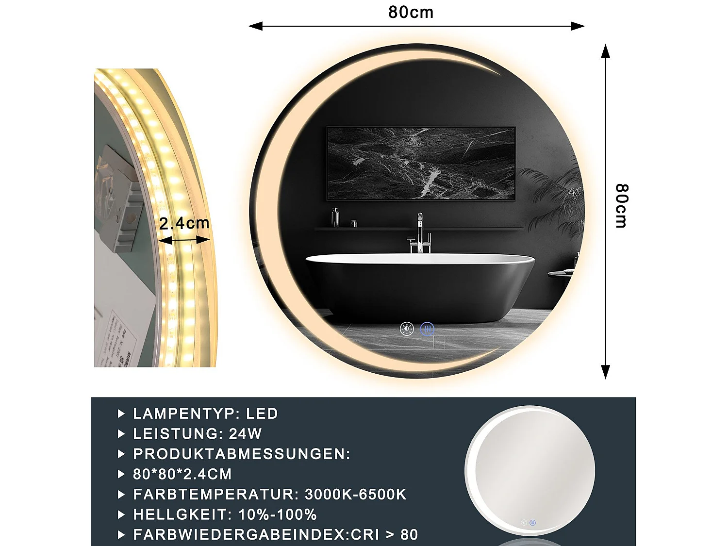 Miroir de salle de bain NETTLIFE avec éclairage, miroir de salle de bain rond à LED IP44, miroir de salle de bain rond de 80 cm avec fonction tactile