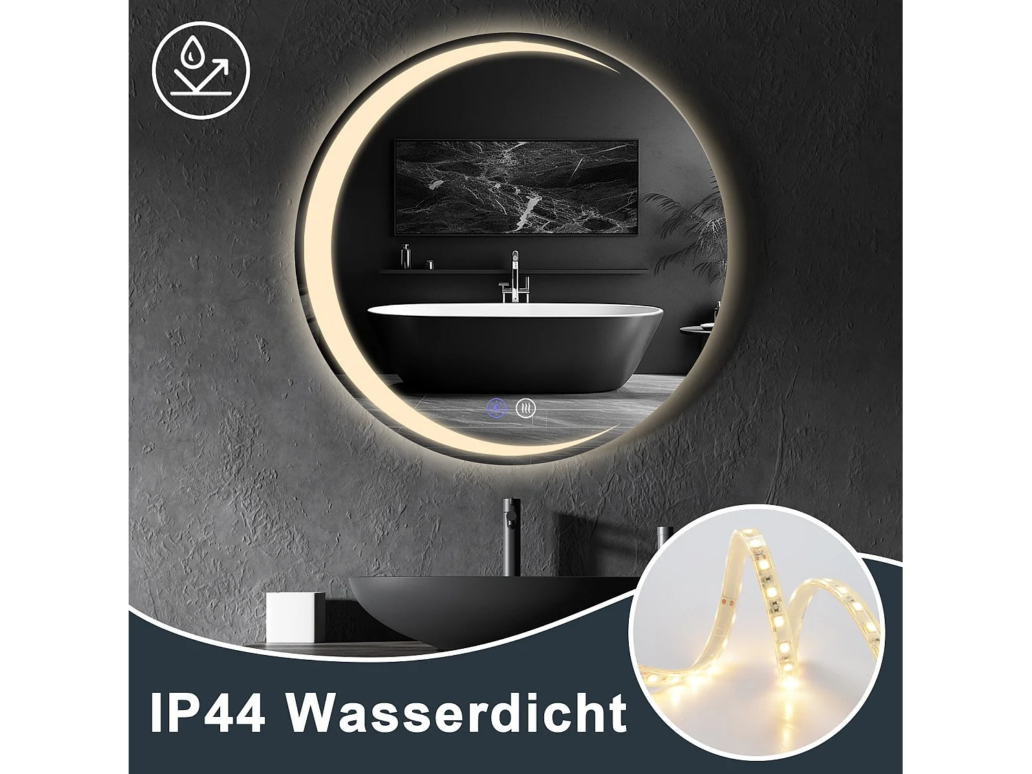 NETTLIFE Espejo de baño con iluminación, espejo de baño redondo LED IP44, espejo de baño redondo de 80 cm con función táctil