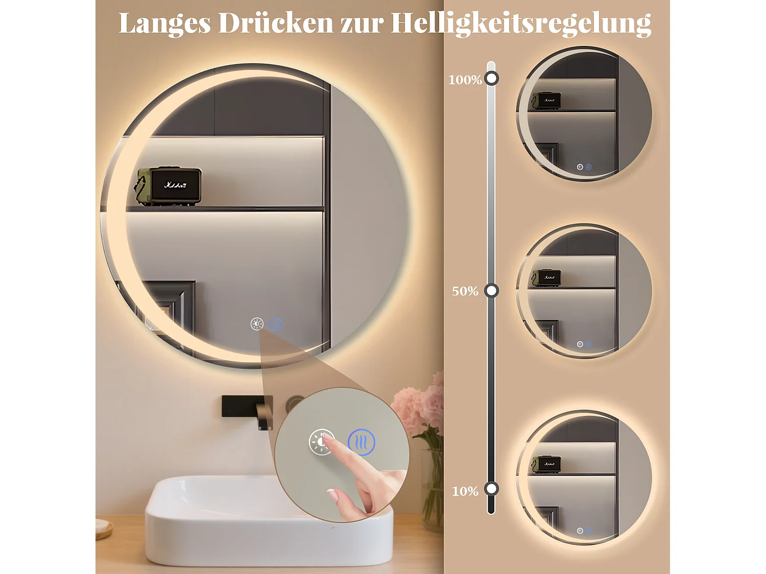 NETTLIFE Espejo de baño con iluminación, espejo de baño redondo LED IP44, espejo de baño redondo de 80 cm con función táctil