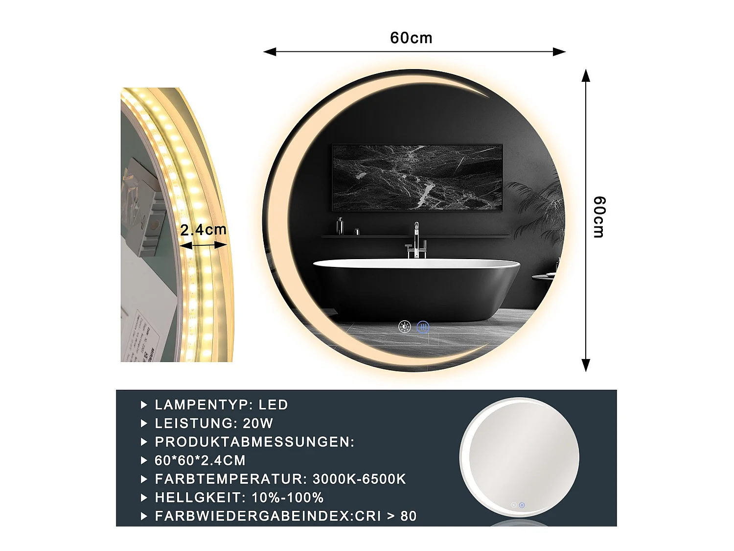 NETTLIFE Badkamerspiegel met verlichting, ronde LED badkamerspiegel IP44, ronde badkamerspiegel van 60 cm met aanraakfunctie