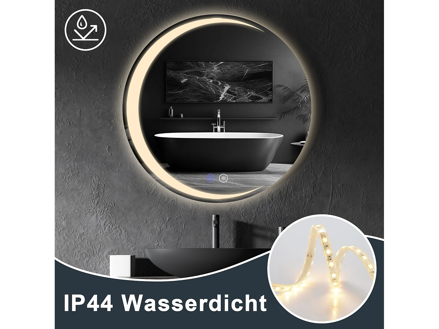 Miroir de salle de bain NETTLIFE avec éclairage, miroir de salle de bain rond à LED IP44, miroir de salle de bain rond de 60 cm avec fonction tactile