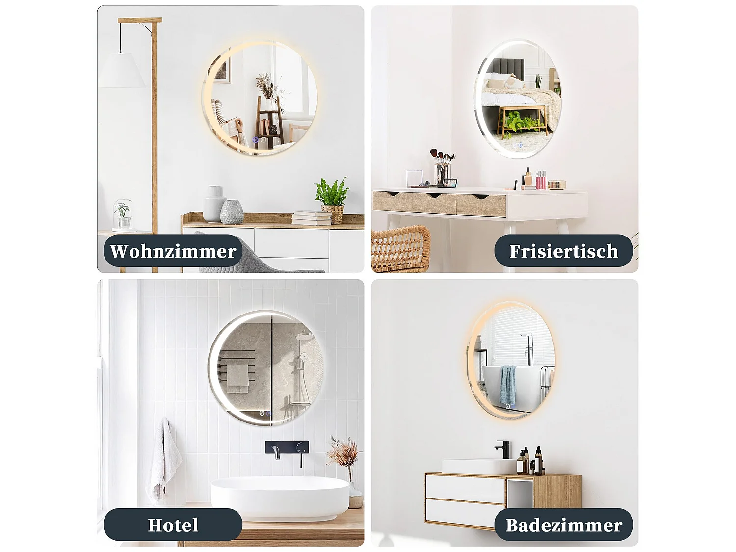 NETTLIFE Espejo de baño con iluminación, espejo de baño redondo LED IP44, espejo de baño redondo de 60 cm con función táctil