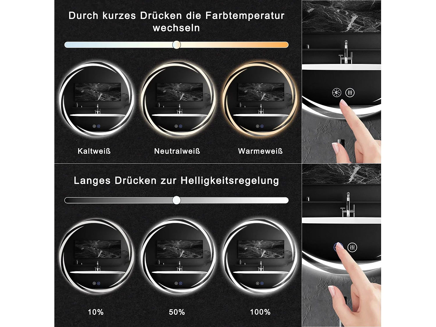 NETTLIFE Lustro łazienkowe z oświetleniem, okrągłe lustro łazienkowe LED, 60 cm IP44 okrągłe lustro łazienkowe z funkcją dotykową