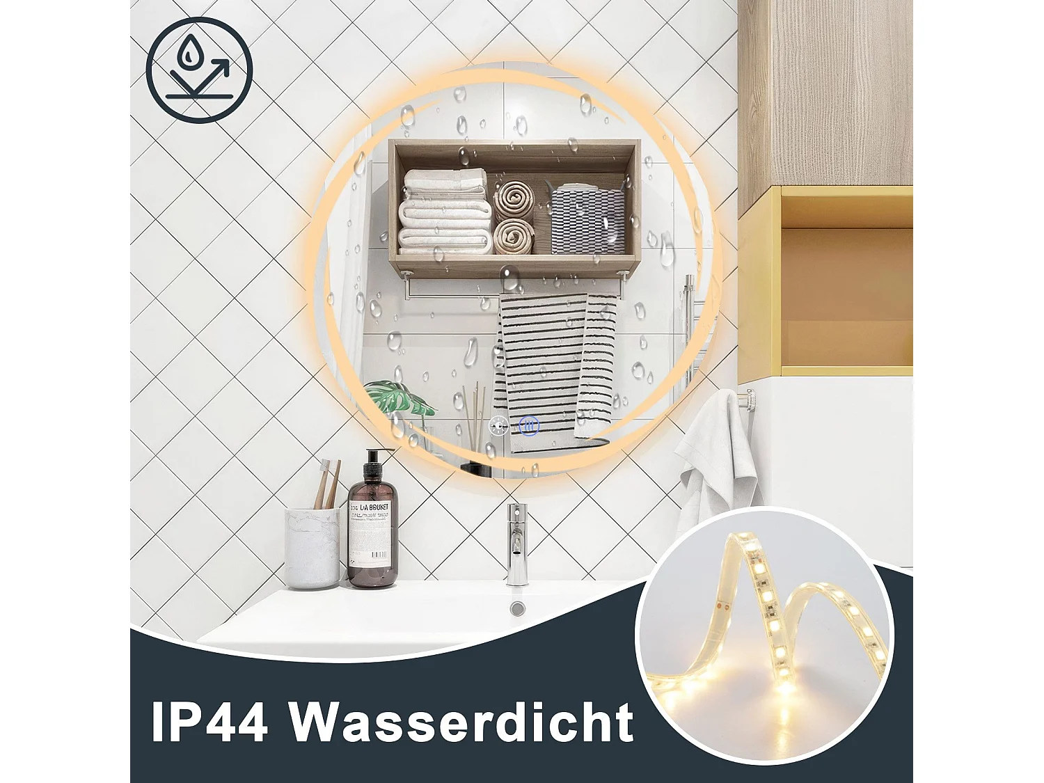 Miroir de salle de bain NETTLIFE avec éclairage, miroir de salle de bain rond à LED, miroir de salle de bain rond IP44 de 60 cm avec fonction tactile