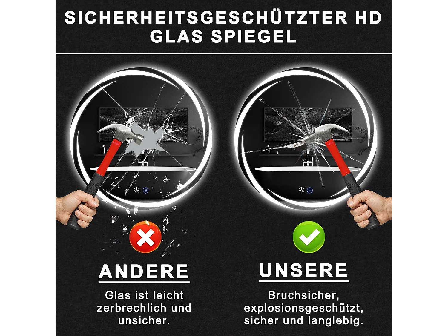 Miroir de salle de bain NETTLIFE avec éclairage, miroir de salle de bain rond à LED, miroir de salle de bain rond IP44 de 60 cm avec fonction tactile