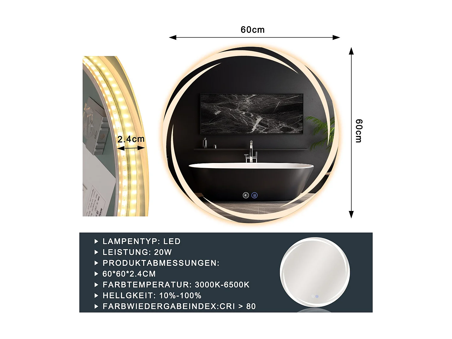 Miroir de salle de bain NETTLIFE avec éclairage, miroir de salle de bain rond à LED, miroir de salle de bain rond IP44 de 60 cm avec fonction tactile