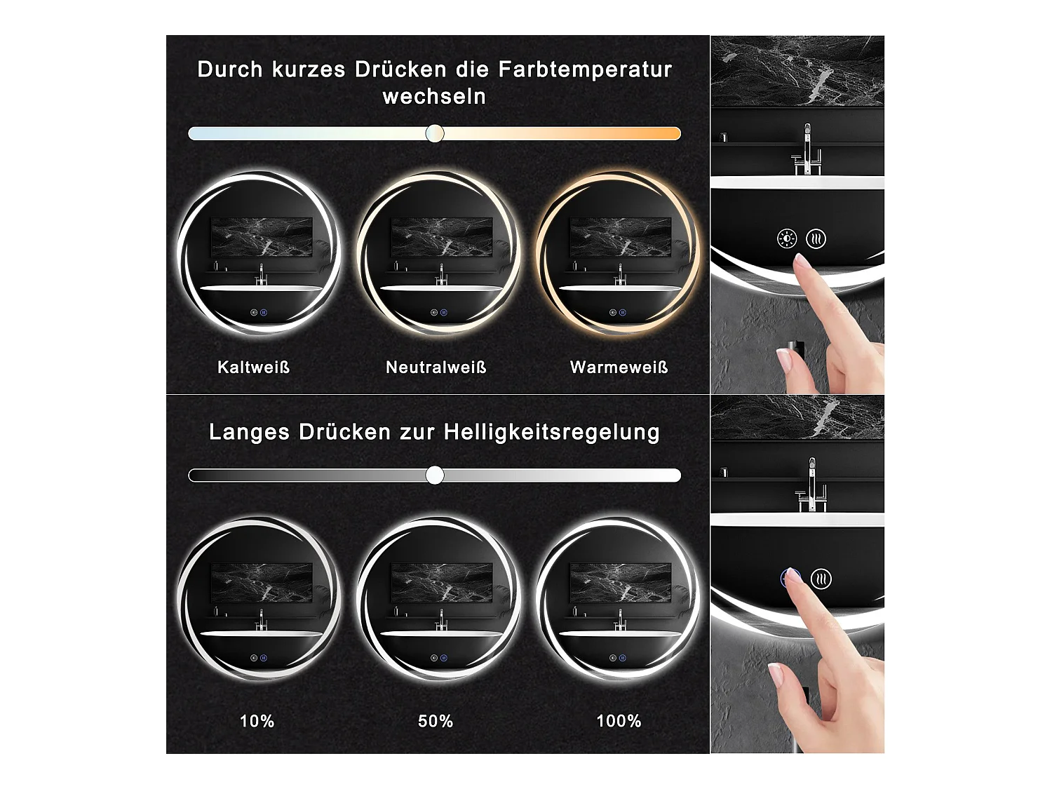 NETTLIFE Badezimmerspiegel mit Beleuchtung, runder LED-Badezimmerspiegel, 50 cm IP44 runder Badezimmerspiegel mit Touch-Funktion