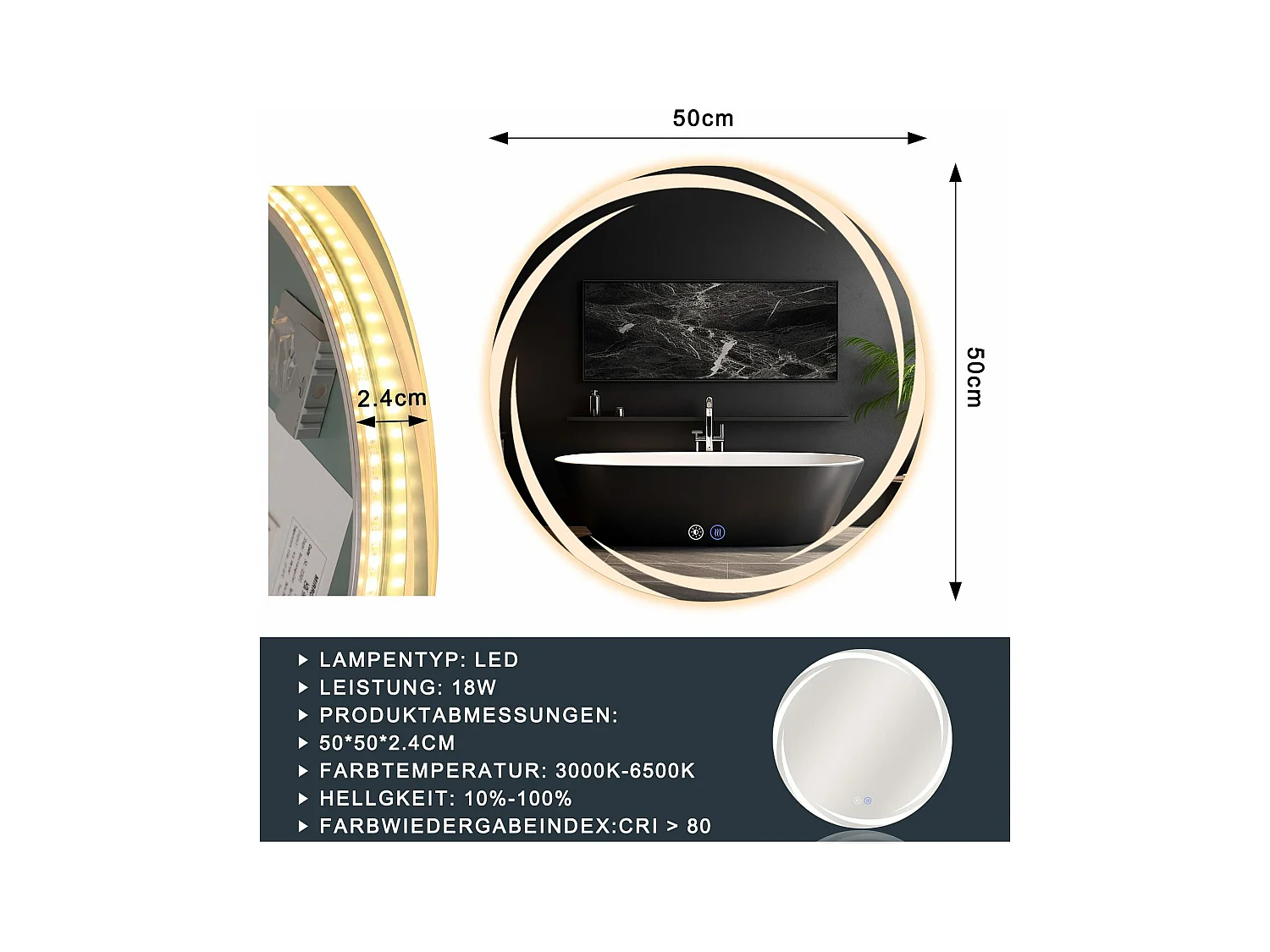 NETTLIFE Badezimmerspiegel mit Beleuchtung, runder LED-Badezimmerspiegel, 50 cm IP44 runder Badezimmerspiegel mit Touch-Funktion