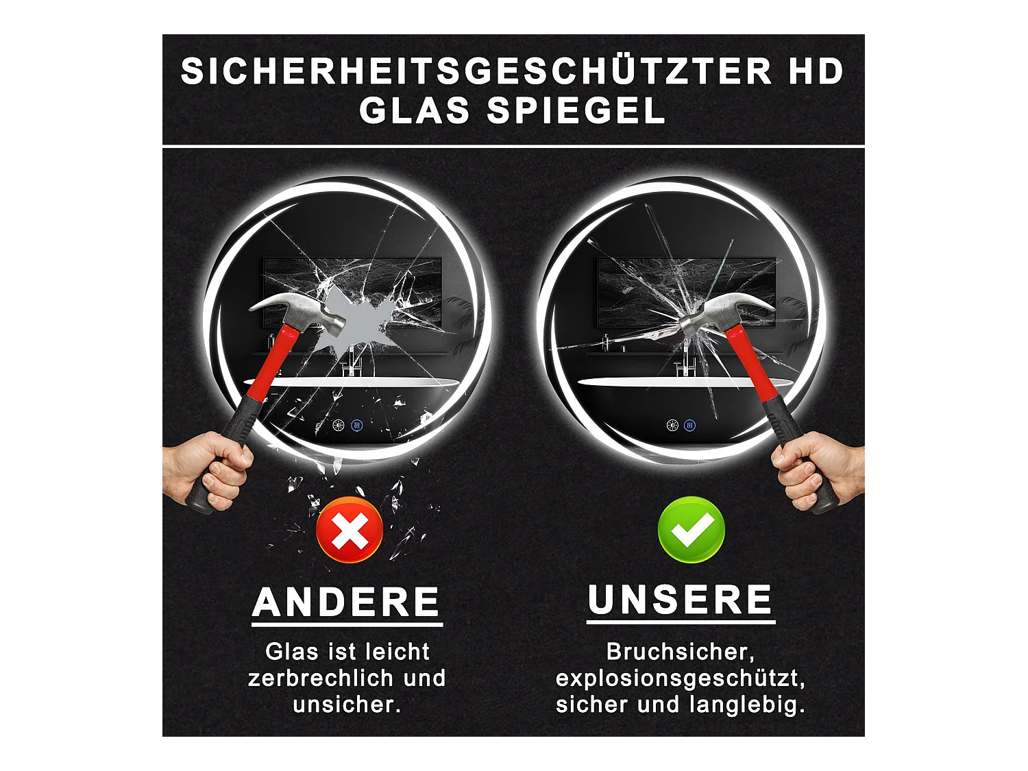 NETTLIFE Badezimmerspiegel mit Beleuchtung, runder LED-Badezimmerspiegel, 50 cm IP44 runder Badezimmerspiegel mit Touch-Funktion