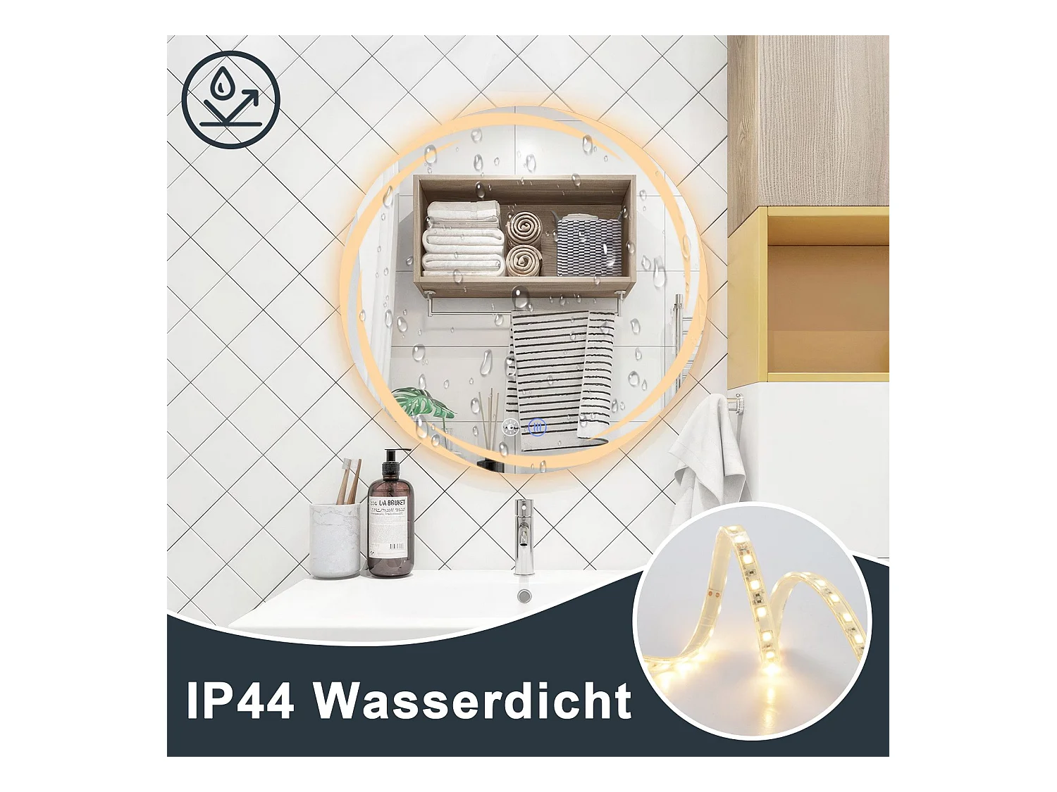 NETTLIFE Badezimmerspiegel mit Beleuchtung, runder LED-Badezimmerspiegel, 50 cm IP44 runder Badezimmerspiegel mit Touch-Funktion