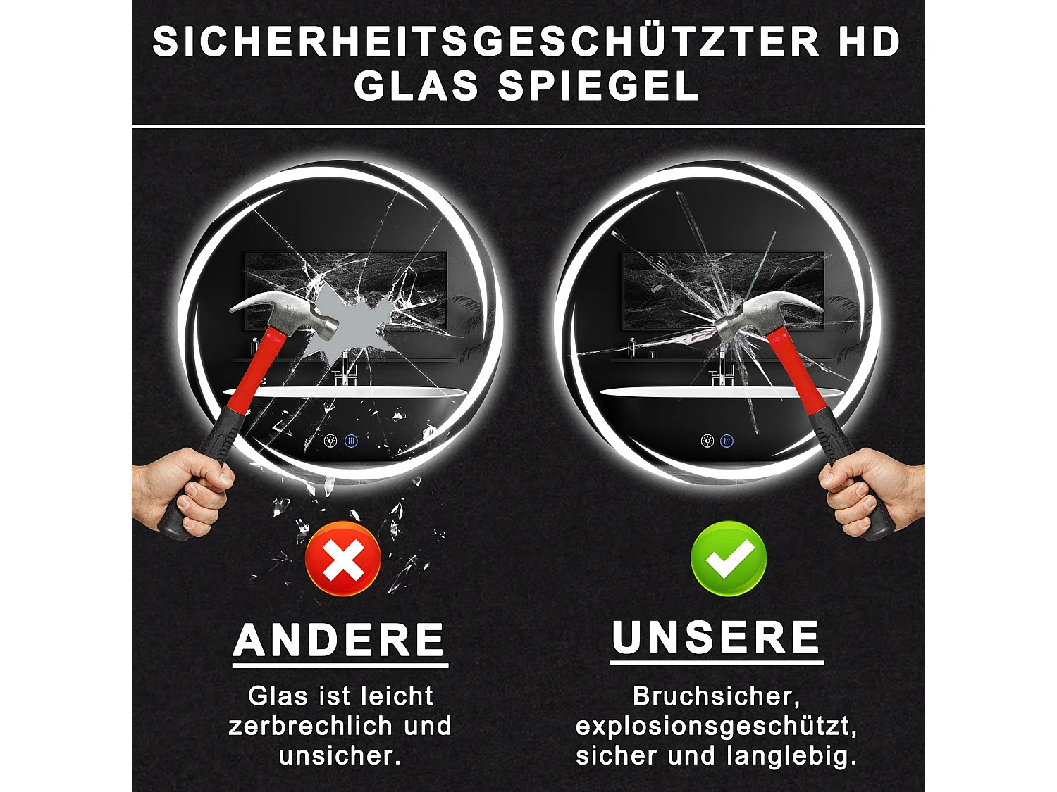 Miroir de salle de bain NETTLIFE avec éclairage, miroir de salle de bain rond à LED, miroir de salle de bain rond IP44 de 50 cm avec fonction tactile