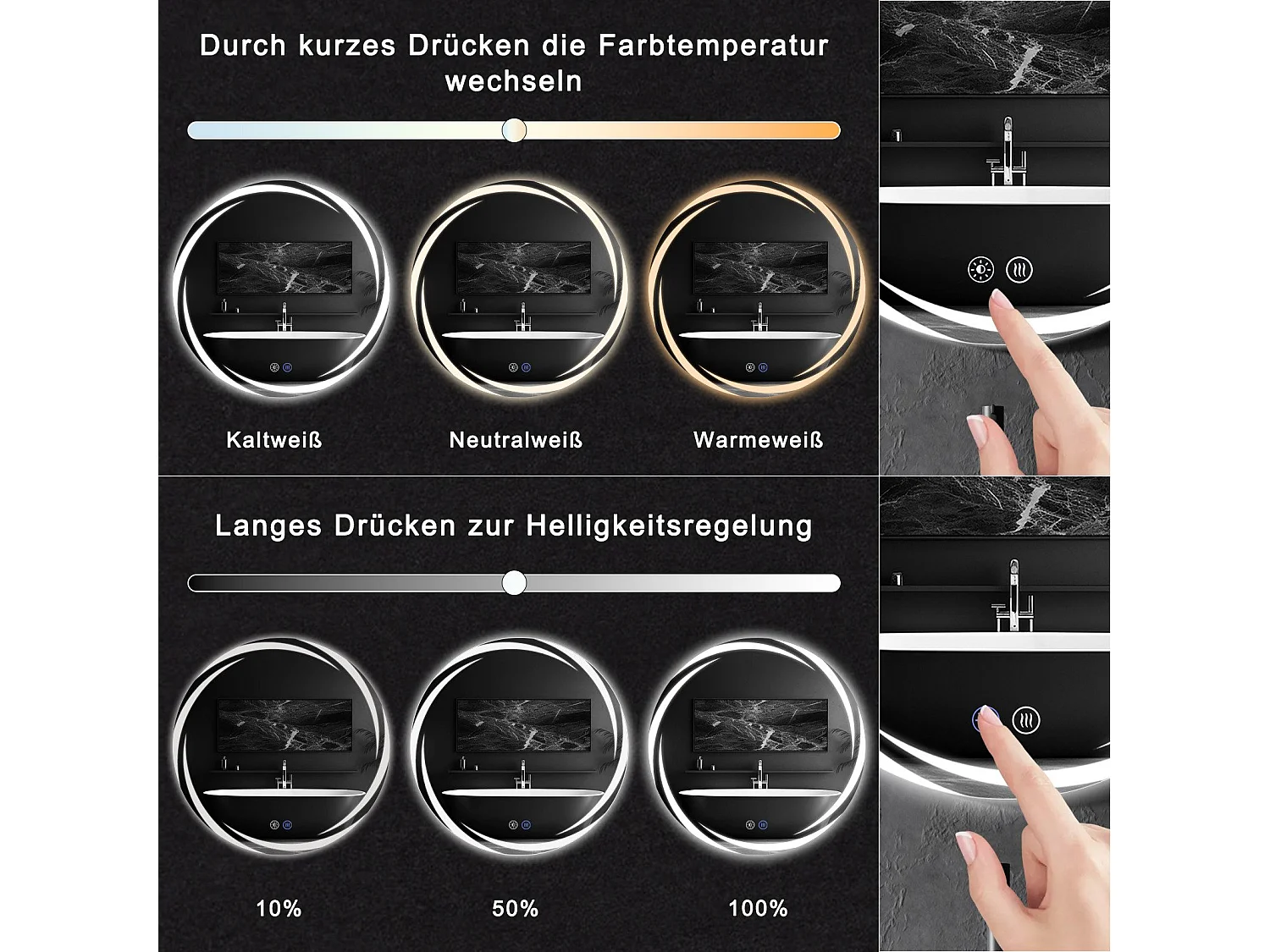 NETTLIFE Lustro łazienkowe z oświetleniem, okrągłe lustro łazienkowe LED, 50 cm IP44 okrągłe lustro łazienkowe z funkcją dotykową