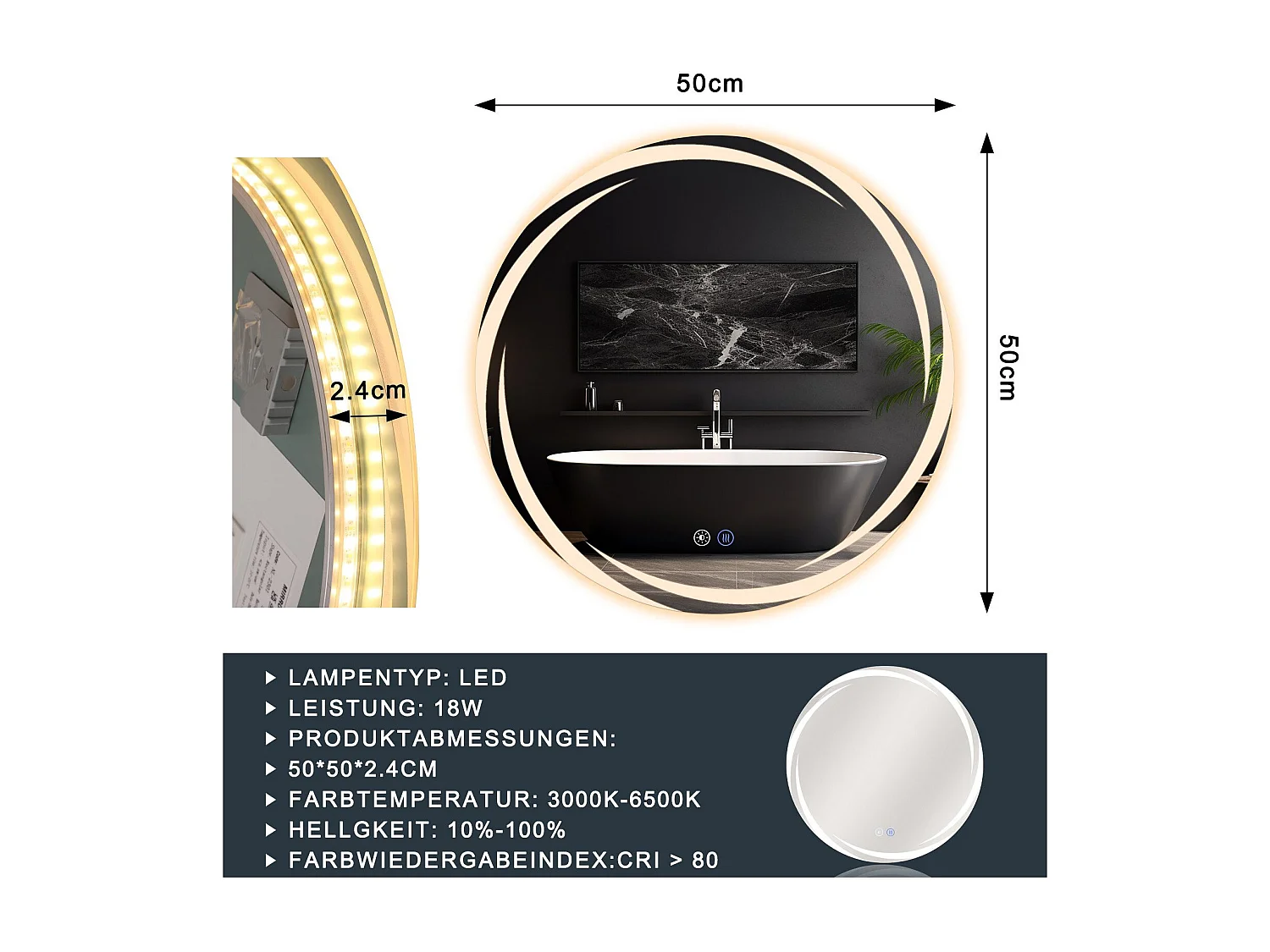 Miroir de salle de bain NETTLIFE avec éclairage, miroir de salle de bain rond à LED, miroir de salle de bain rond IP44 de 50 cm avec fonction tactile