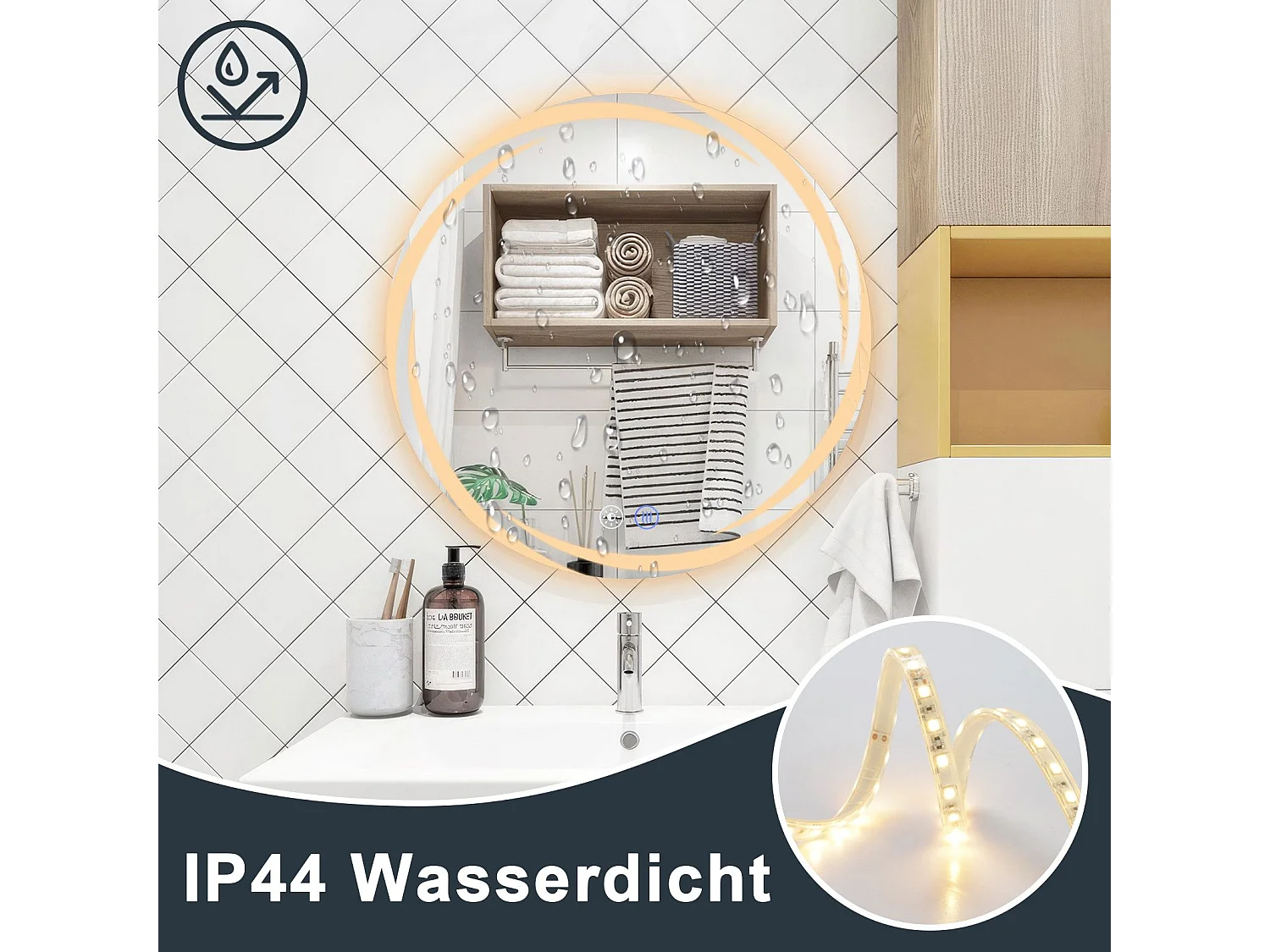 Miroir de salle de bain NETTLIFE avec éclairage, miroir de salle de bain rond à LED, miroir de salle de bain rond IP44 de 50 cm avec fonction tactile