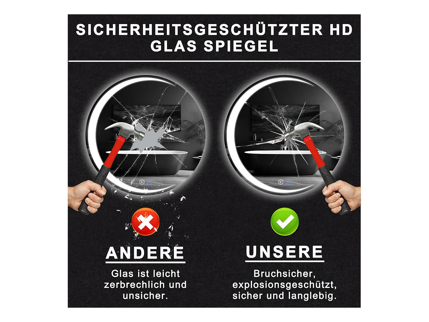 NETTLIFE Lustro łazienkowe z oświetleniem, okrągłe lustro łazienkowe LED IP44, 50 cm okrągłe lustro łazienkowe z funkcją dotykową