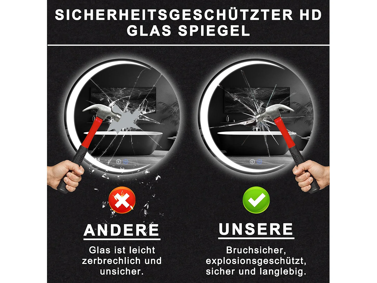 NETTLIFE Badezimmerspiegel mit Beleuchtung, runder LED-Badezimmerspiegel IP44, 50 cm runder Badezimmerspiegel mit Touch-Funktion