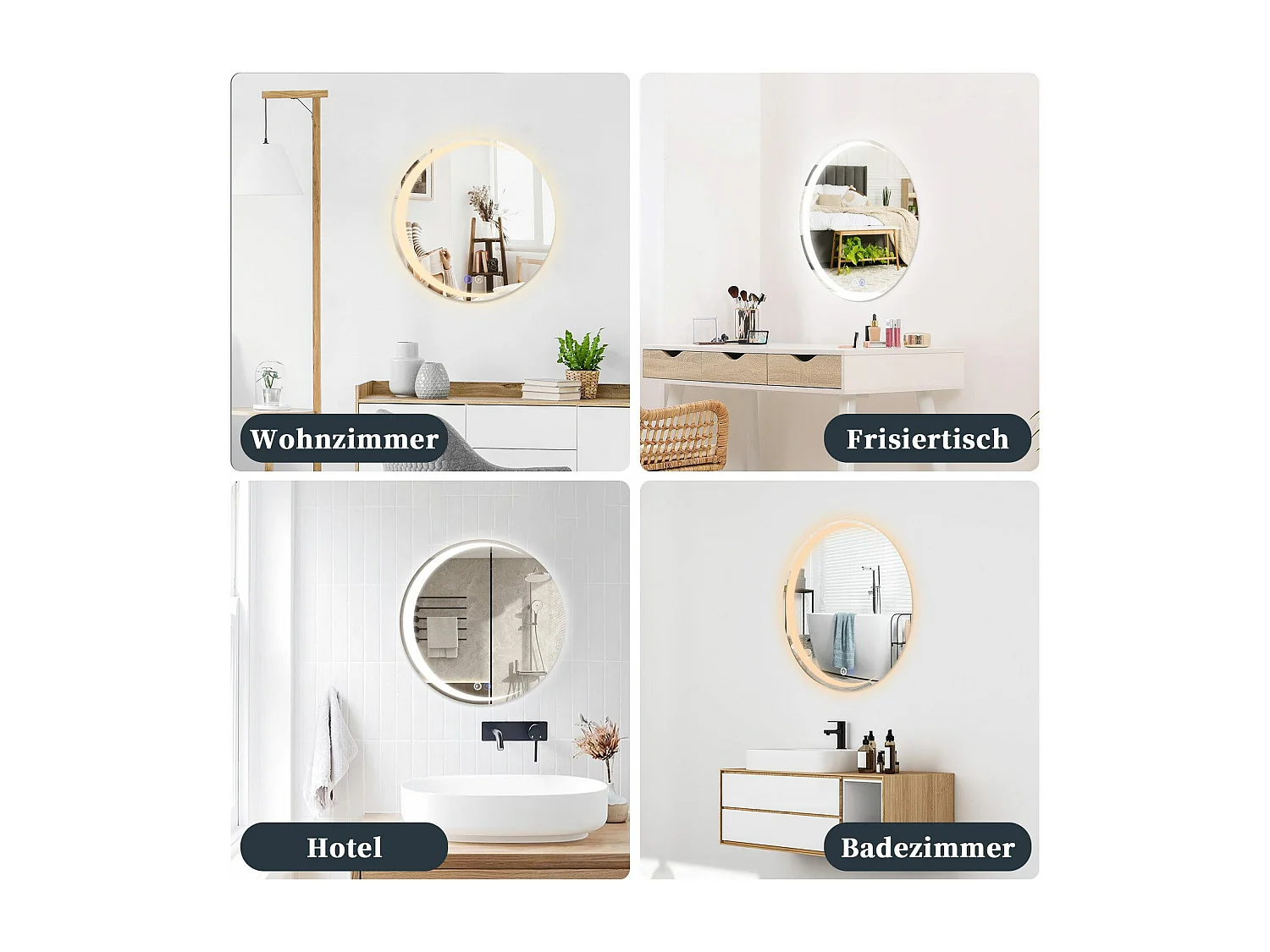 NETTLIFE Badezimmerspiegel mit Beleuchtung, runder LED-Badezimmerspiegel IP44, 50 cm runder Badezimmerspiegel mit Touch-Funktion