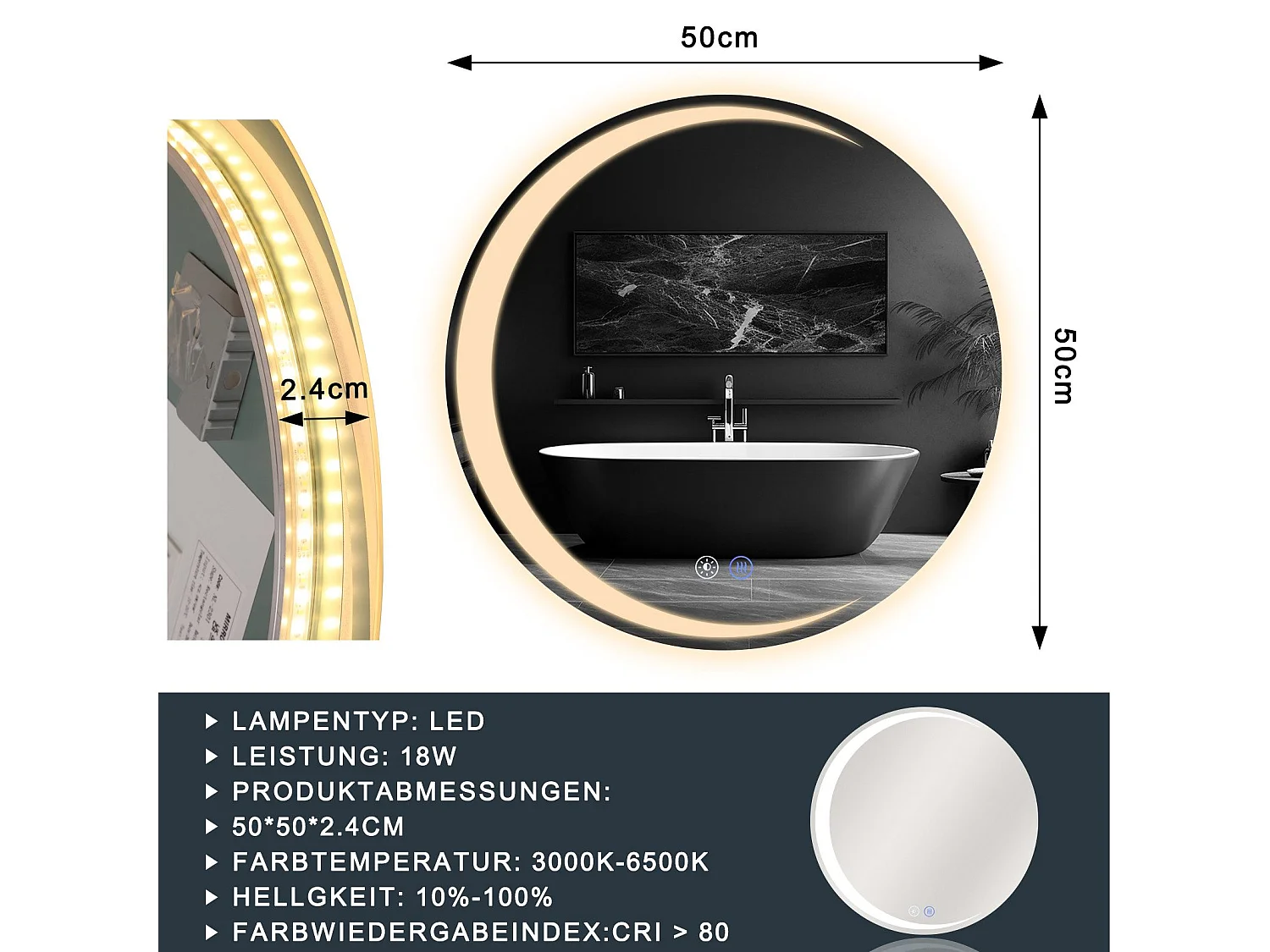 Miroir de salle de bain NETTLIFE avec éclairage, miroir de salle de bain rond à LED IP44, miroir de salle de bain rond de 50 cm avec fonction tactile
