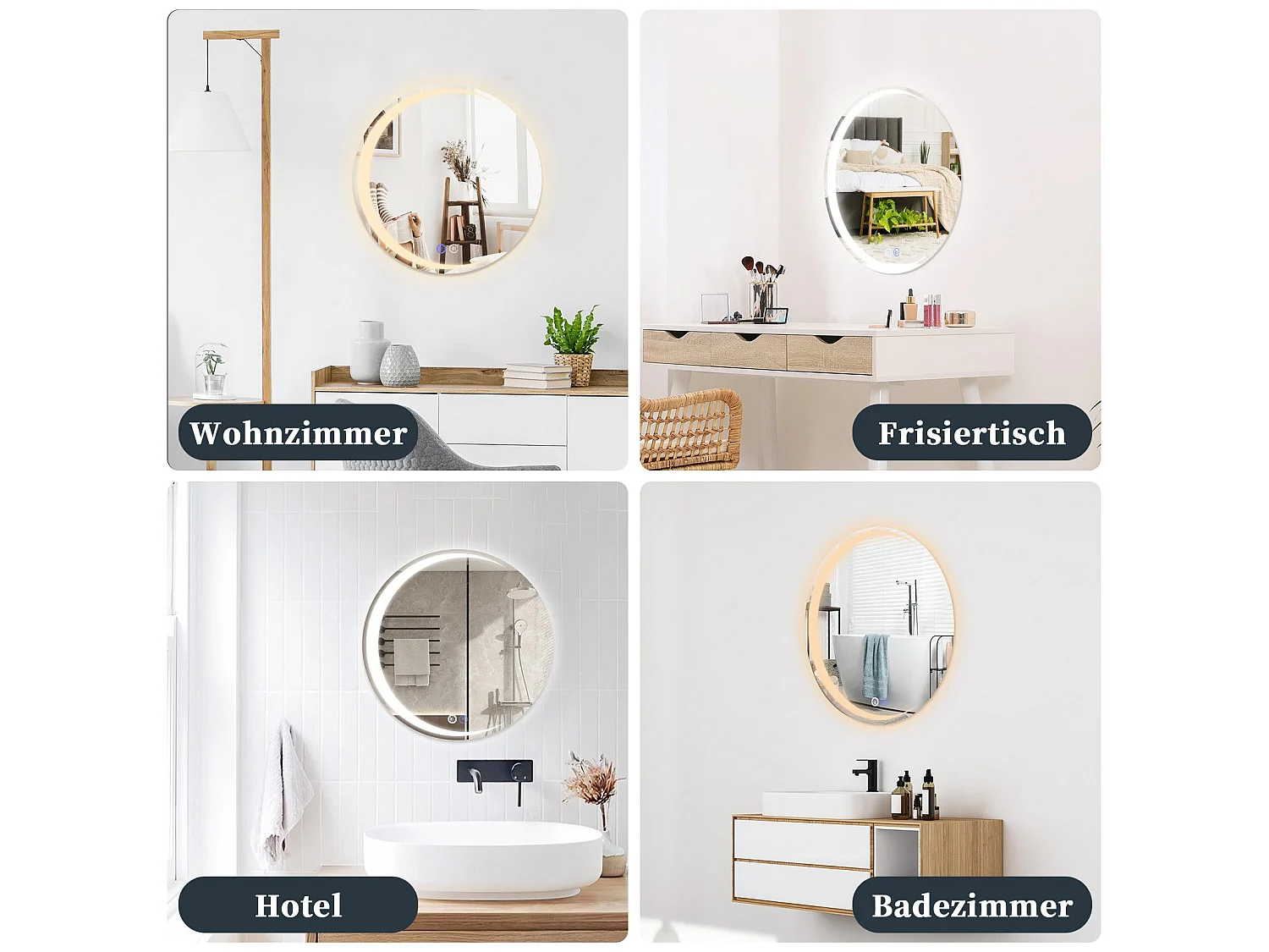 NETTLIFE Espejo de baño con iluminación, espejo de baño redondo LED IP44, espejo de baño redondo de 50 cm con función táctil