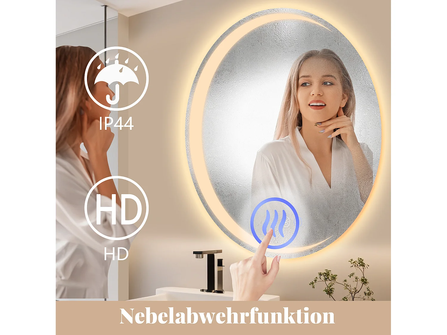 NETTLIFE Espejo de baño con iluminación, espejo de baño redondo LED IP44, espejo de baño redondo de 50 cm con función táctil