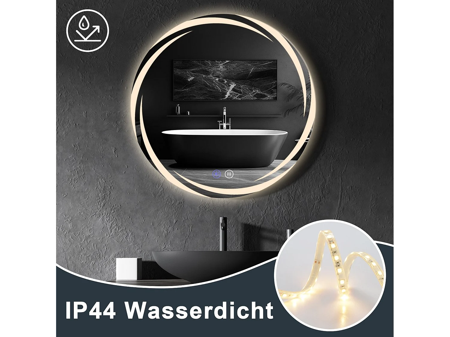 Miroir de salle de bain NETTLIFE avec éclairage, miroir de salle de bain rond à LED, miroir de salle de bain rond IP44 de 70 cm avec fonction tactile
