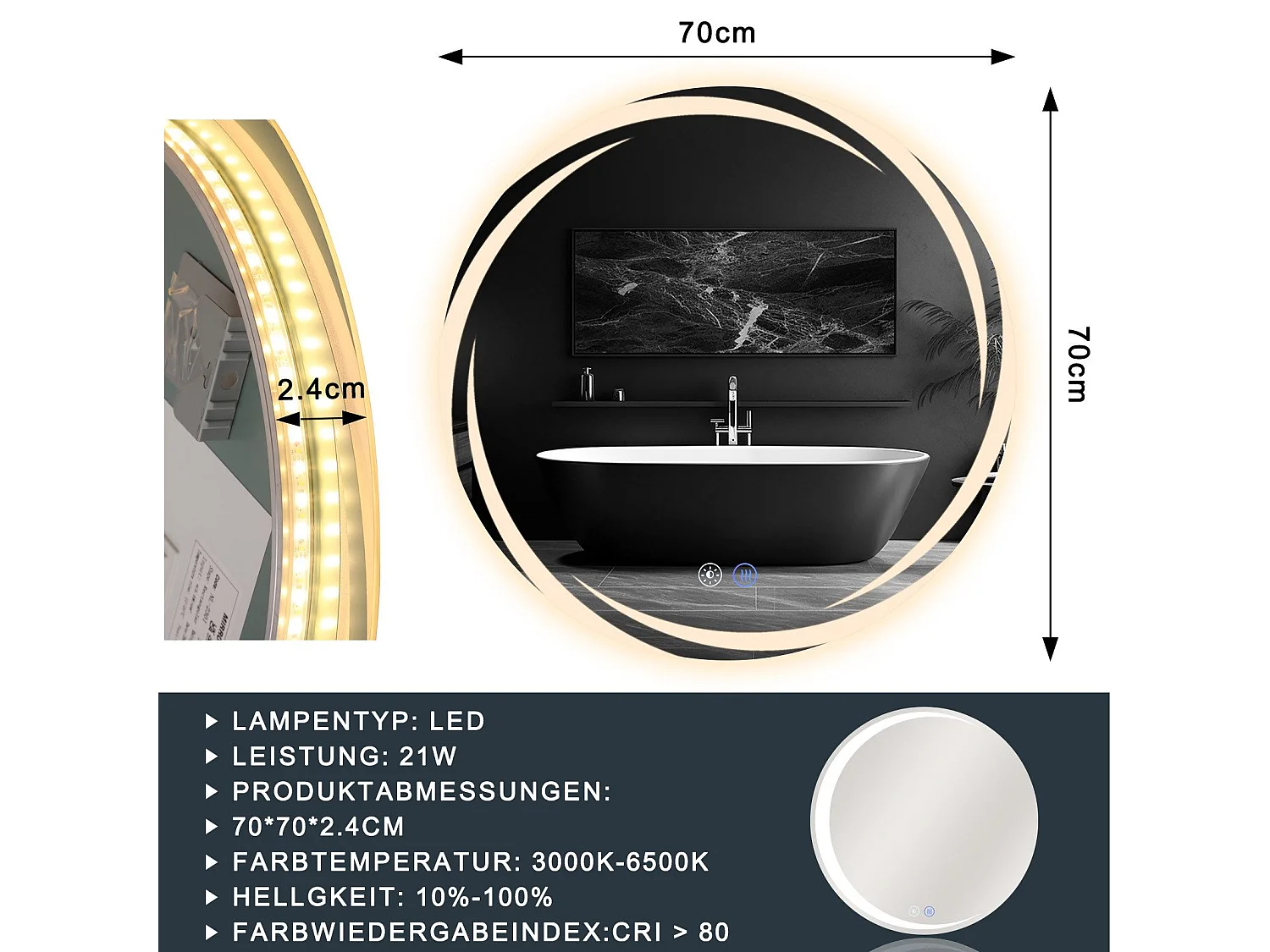 Miroir de salle de bain NETTLIFE avec éclairage, miroir de salle de bain rond à LED, miroir de salle de bain rond IP44 de 70 cm avec fonction tactile