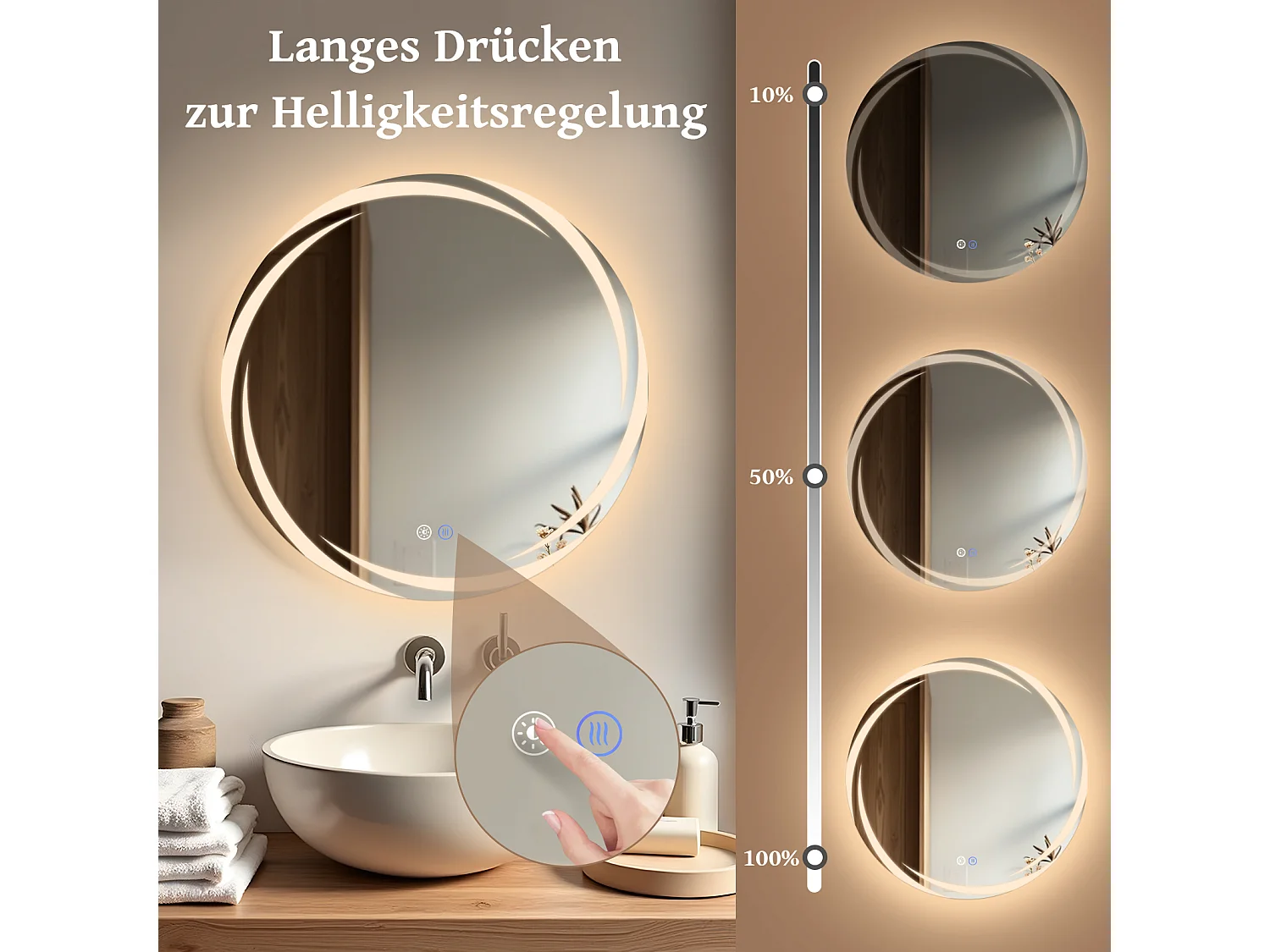 NETTLIFE Miroir de salle de bain avec éclairage, miroir de salle de bain rond à LED, miroir de salle de bain rond IP44 de 70 cm avec fonction tactile