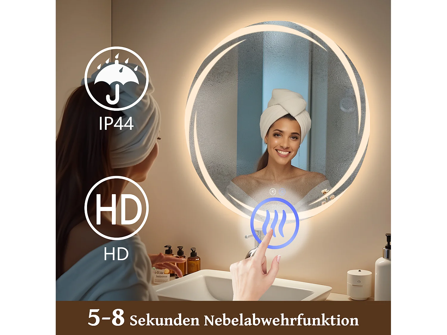 NETTLIFE Miroir de salle de bain avec éclairage, miroir de salle de bain rond à LED, miroir de salle de bain rond IP44 de 70 cm avec fonction tactile