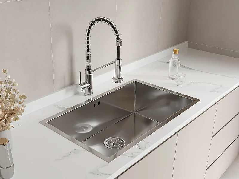 Set Spülbecken 76 x 45 cm SOELA + Armatur ROFLEX mit abnehmbarem Auslauf aus Edelstahl - Grau & Chromfarben