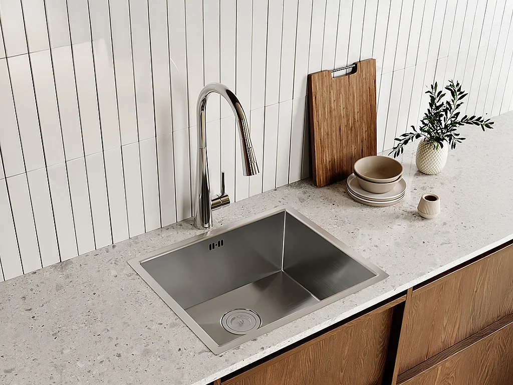 Ensemble évier 55x45 cm SOELA + robinet avec douchette RONA en acier inoxydable - Gris et Chromé