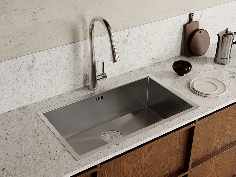 Zestaw zlewozmywak 76 x 45 cm SOELA + bateria RONA z wyciąganą wylewką ze stali nierdzewnej - Szary i Chrom