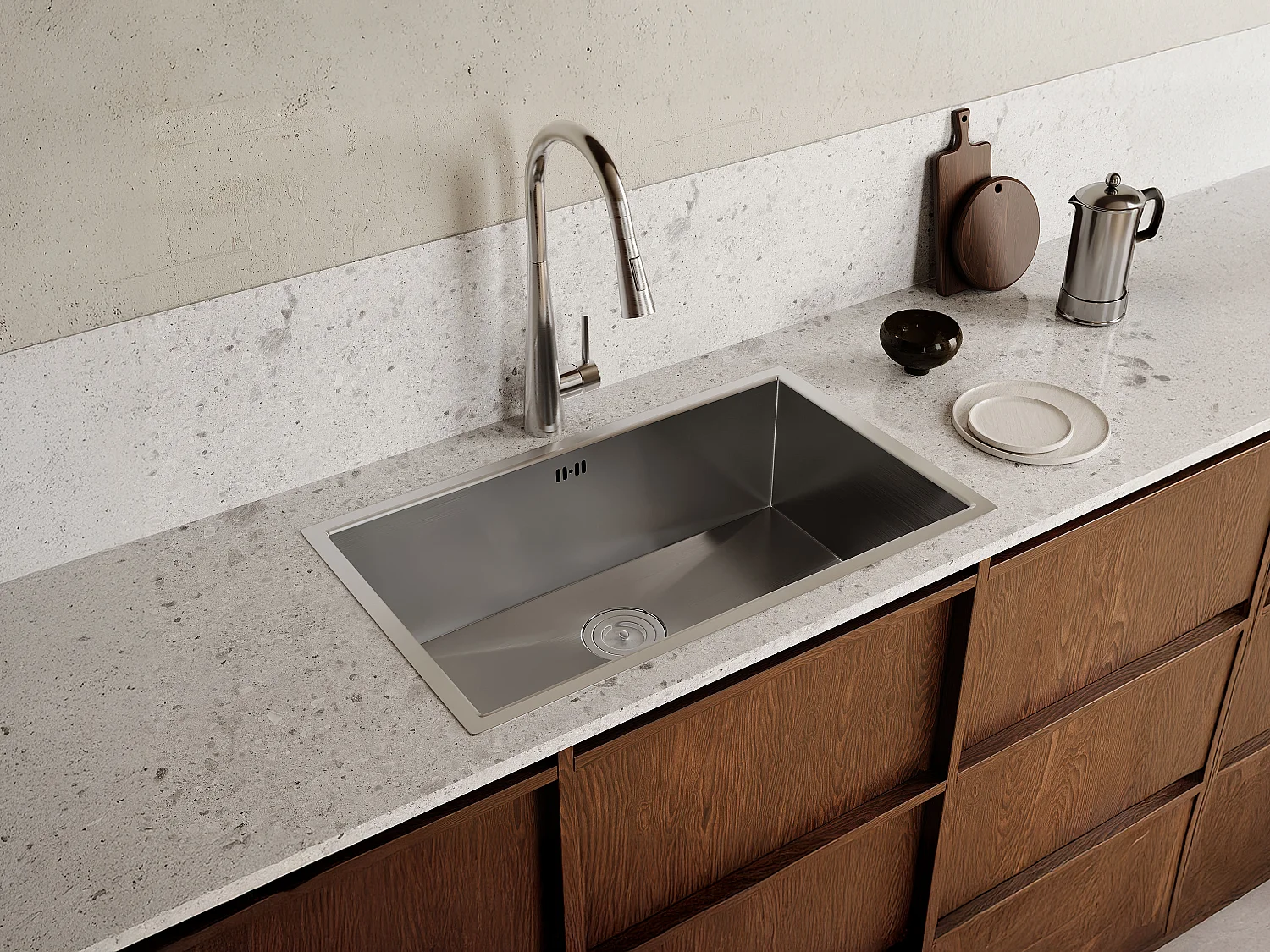 Ensemble évier 76x45 cm SOELA + robinet avec douchette RONA en acier inoxydable - Gris et Chromé