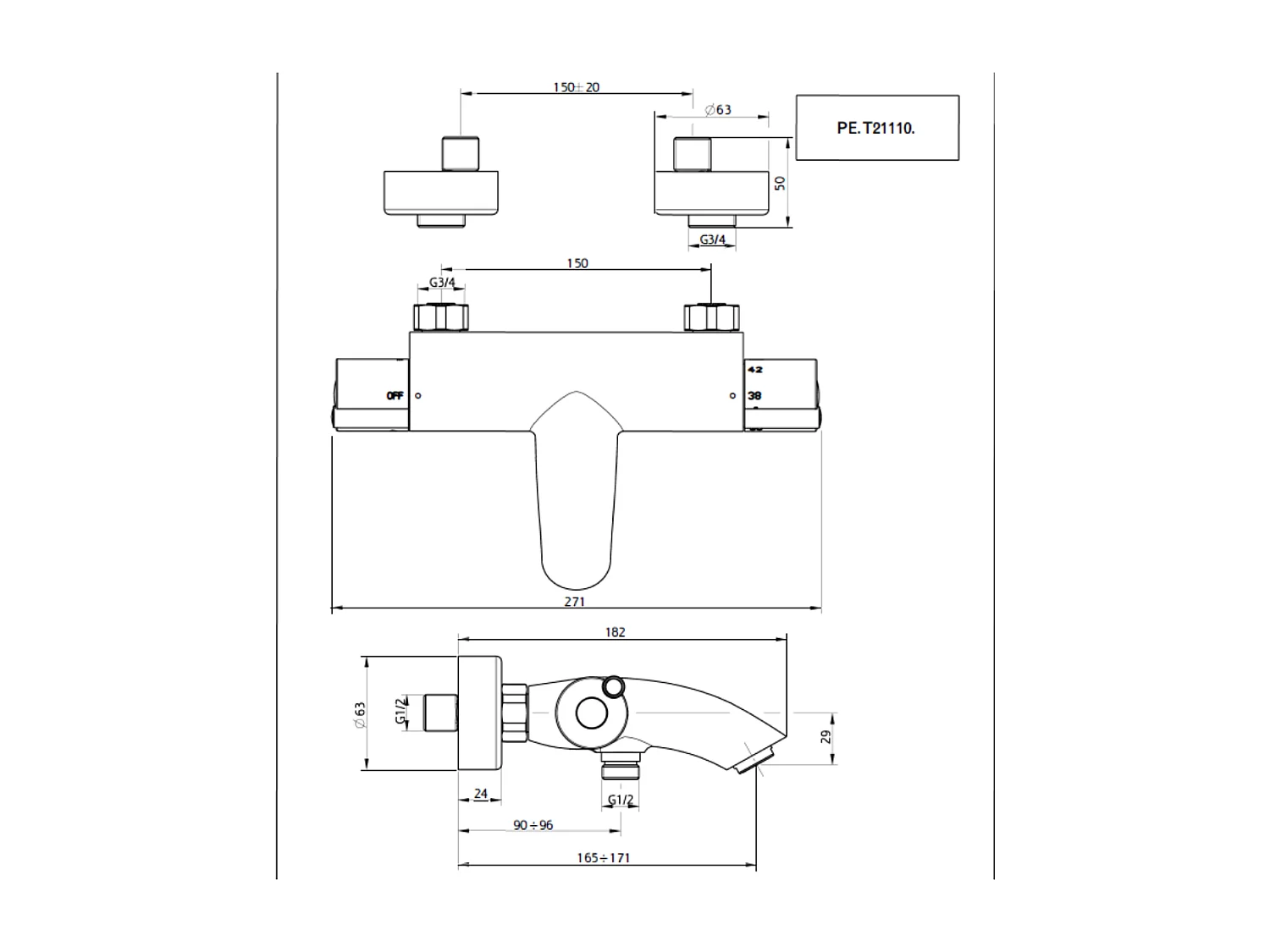 Prime misturadora termostática de banheira e duche cromada Essebagno