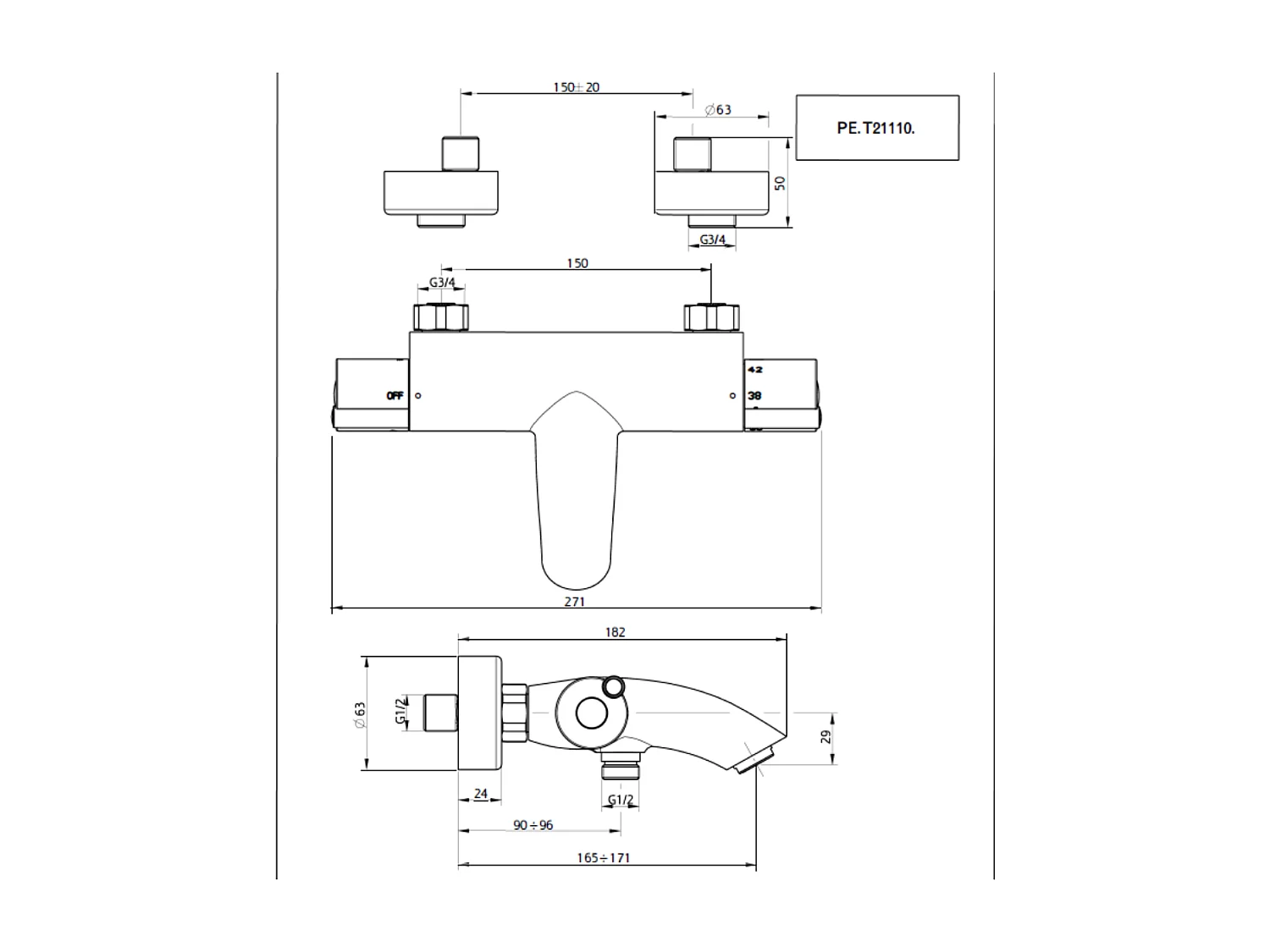 Prime misturadora termostática de banheira e duche cromada Essebagno