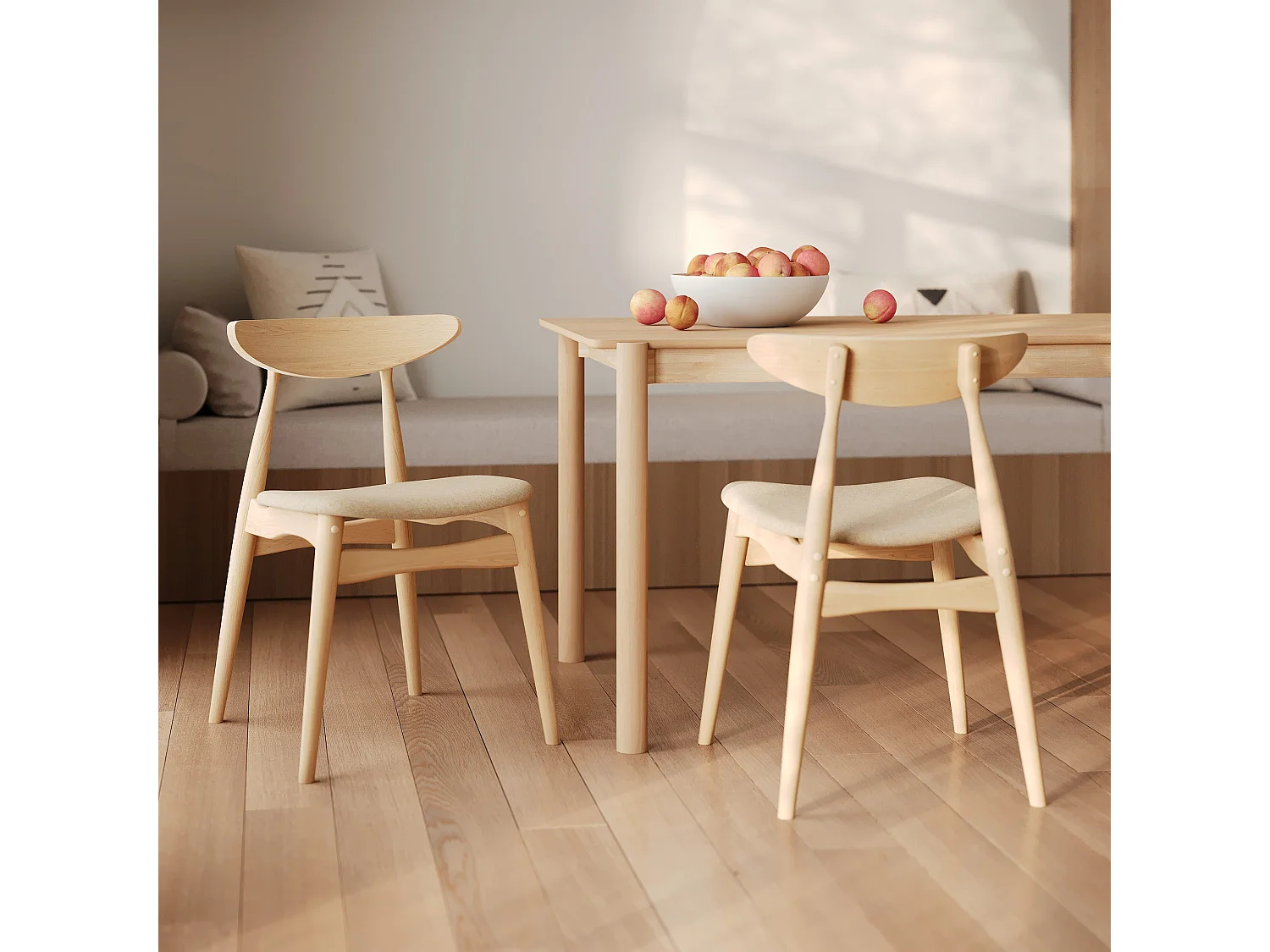 Lot de 2 chaises en tissu beige et bois d'hévéa - Josette