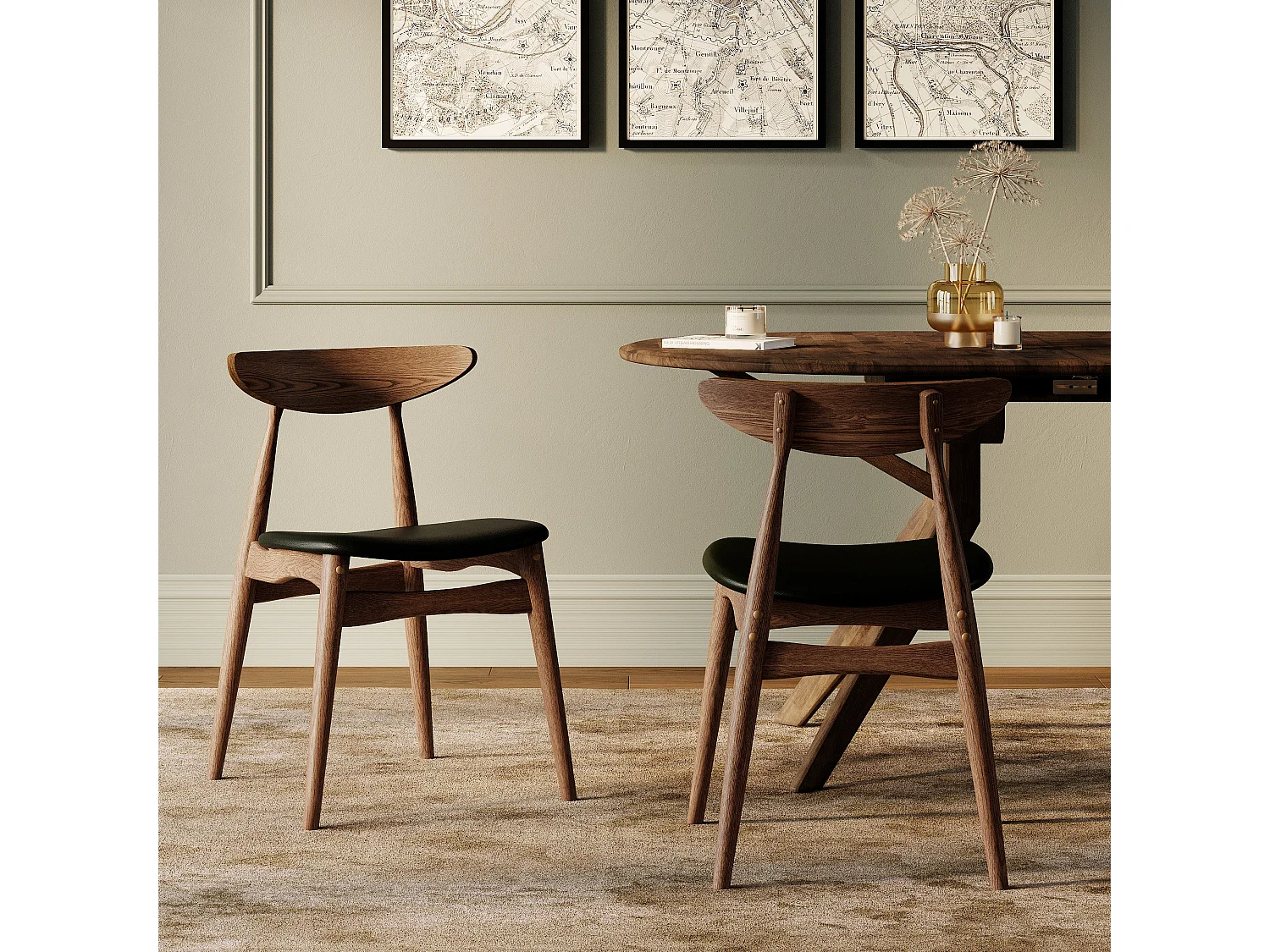 Lot de 2 chaises en cuir synthétique noir et bois d'hévéa - Josette