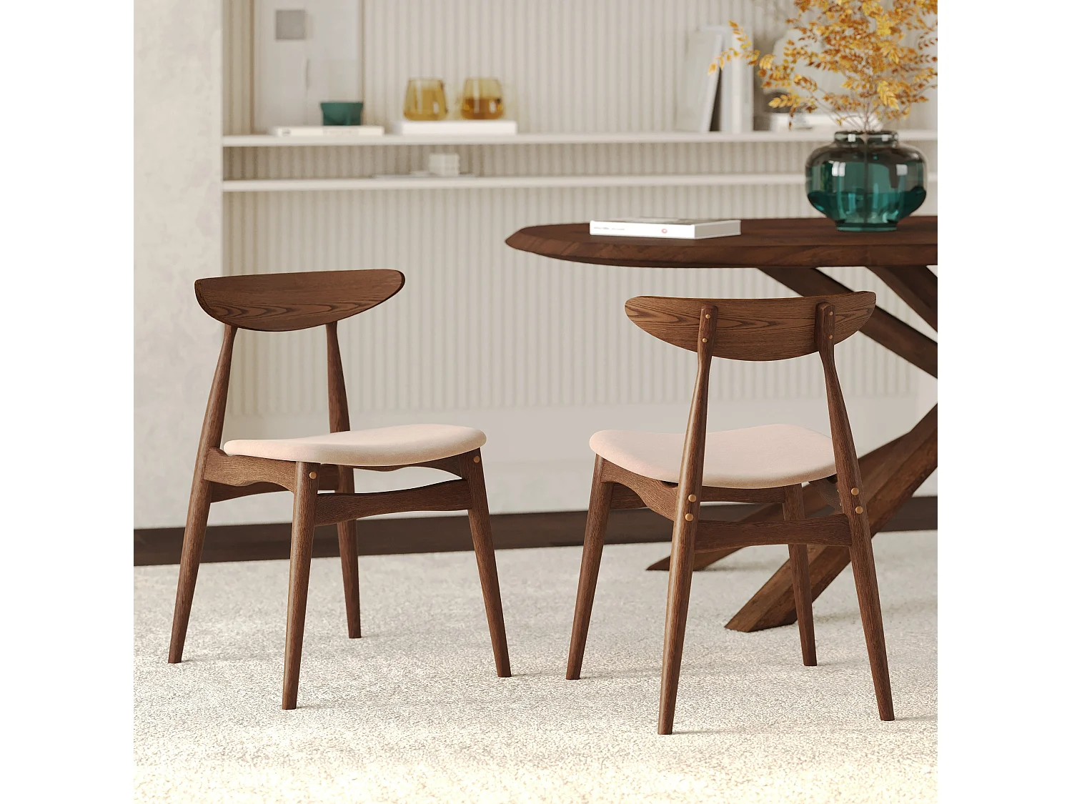 Lot de 2 chaises en tissu beige et bois foncé d'hévéa - Josette