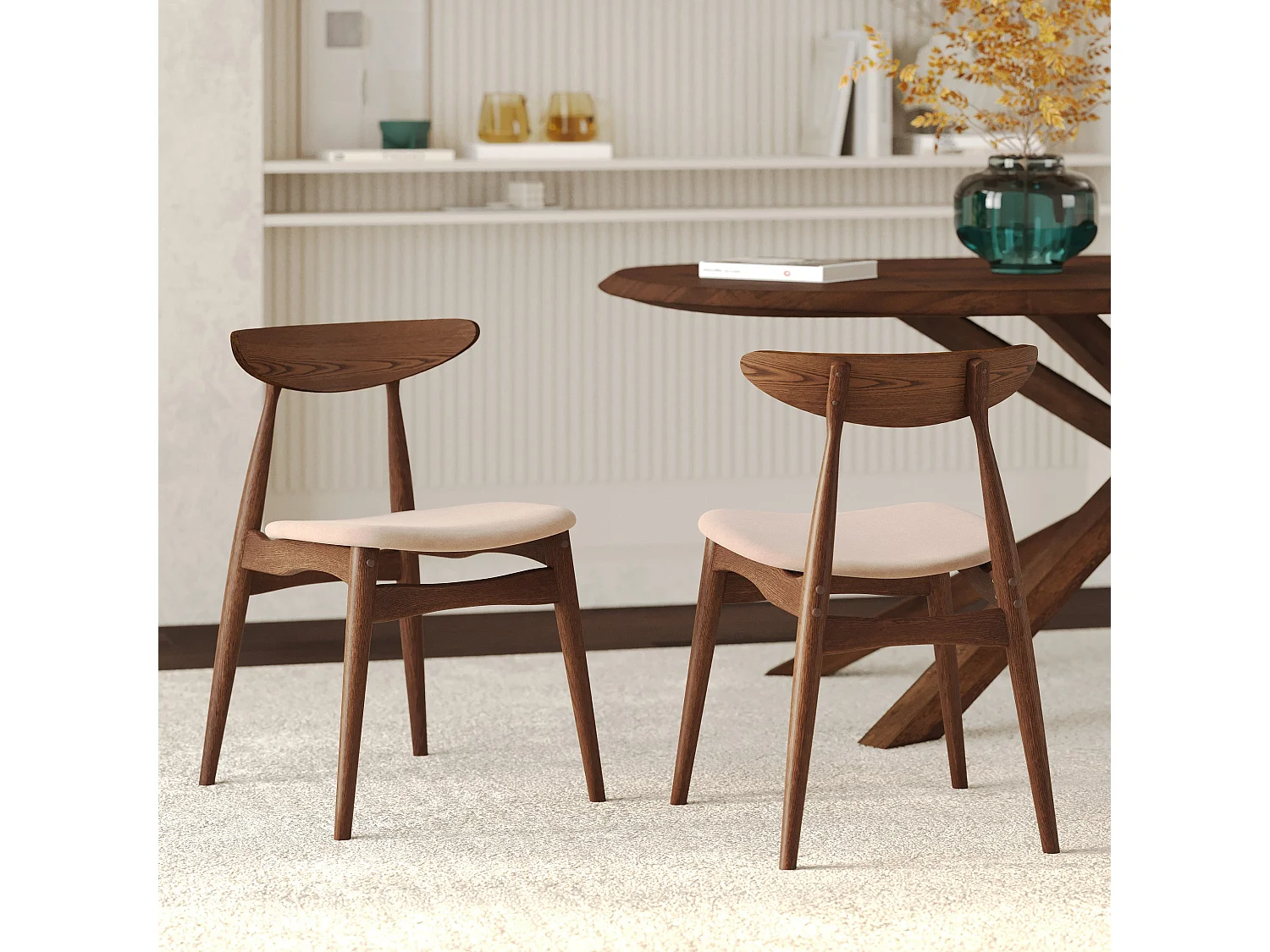 Set di 2 sedie in tessuto beige e legno scuro di hevea - Josette