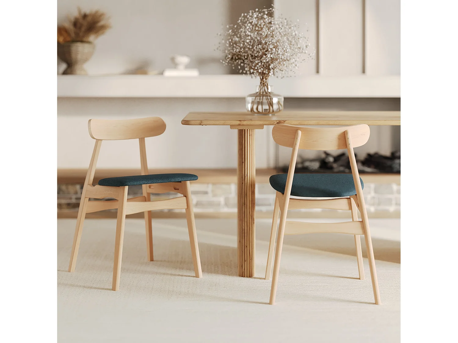 Lot de 2 chaises en tissu bleu et bois d'hévéa - Lisette