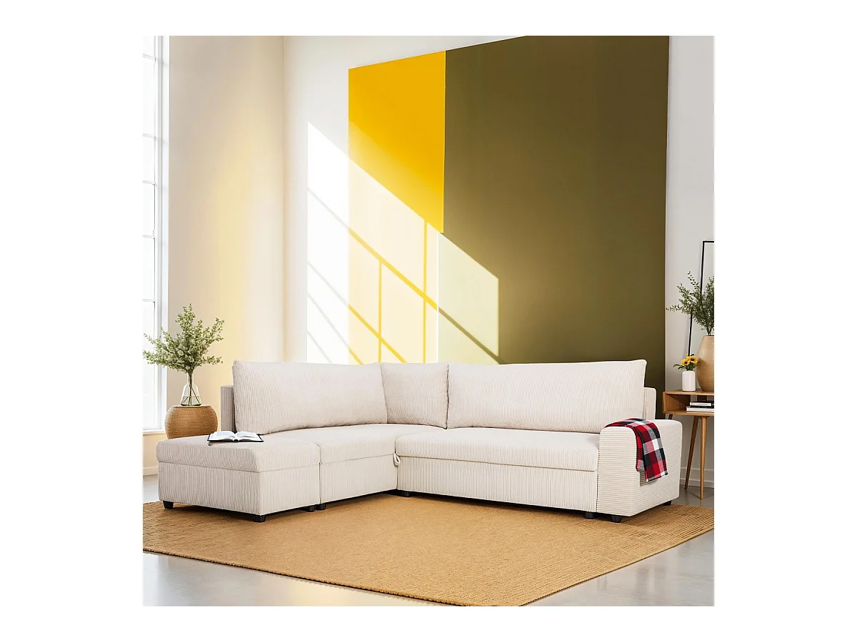 Canapé d'angle convertible réversible 4/5 places en velours côtelé beige - Malte