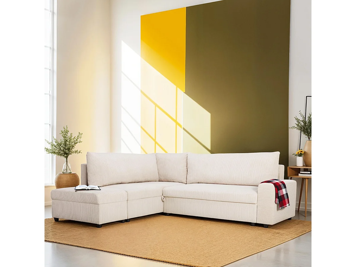 Canapé d'angle convertible réversible 4/5 places en velours côtelé beige - Malte
