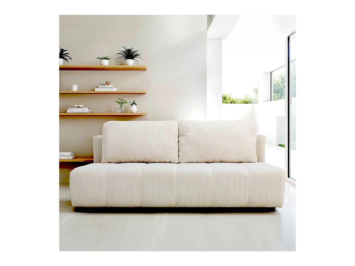 Canapé convertible 3 places en velours côtelé beige - Sacha