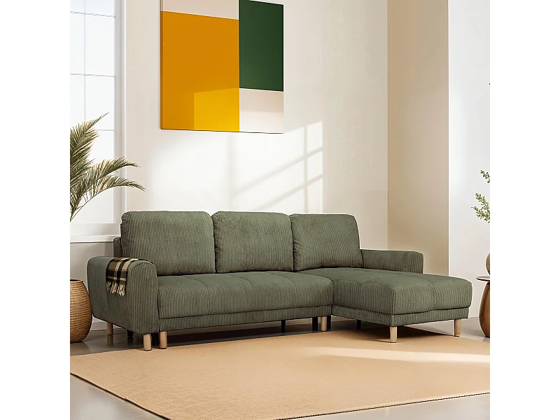 Canapé d'angle convertible réversible 3/4 places en velours côtelé vert kaki - Alva