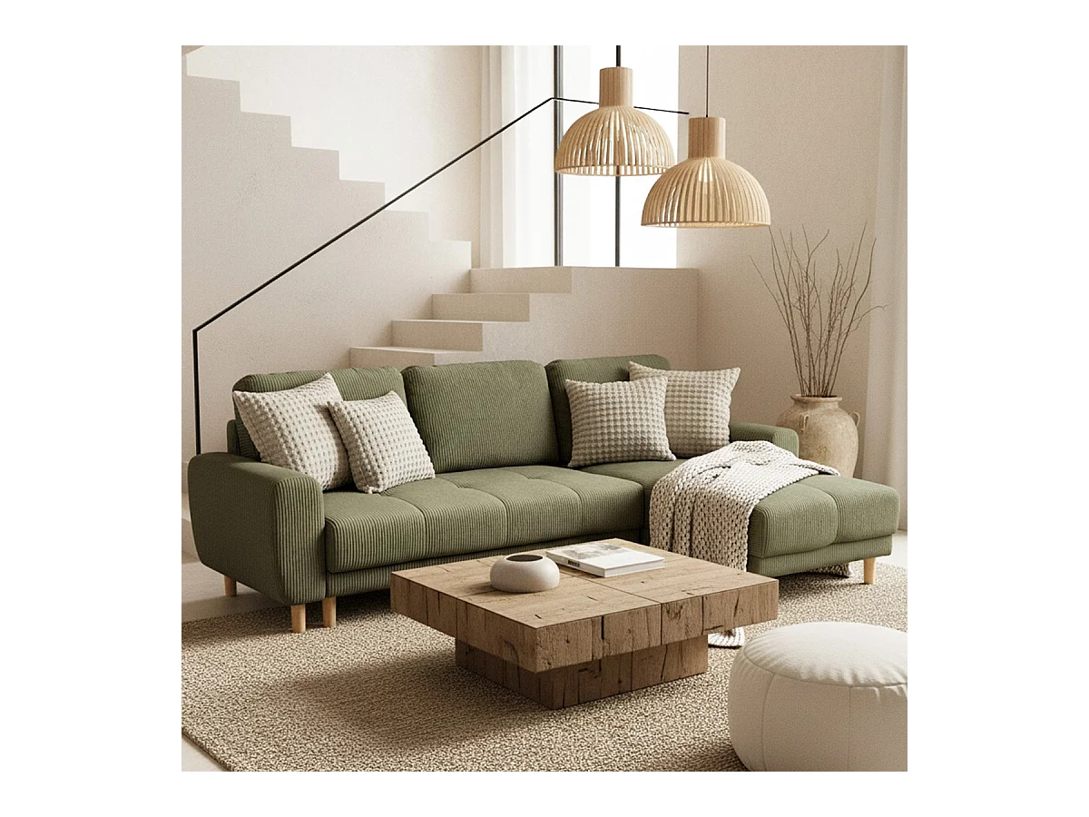 Canapé d'angle convertible réversible 3/4 places en velours côtelé vert kaki - Alva