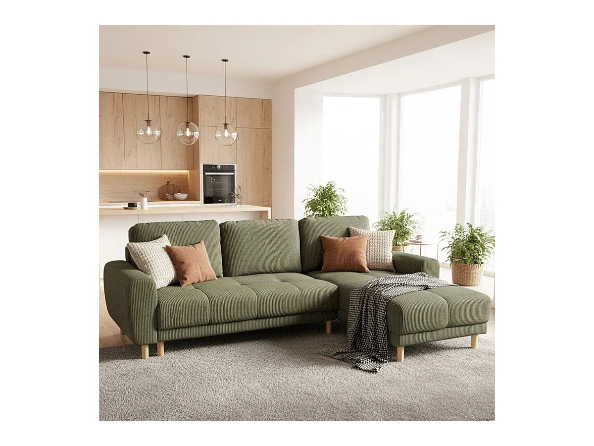 Canapé d'angle convertible réversible 3/4 places en velours côtelé vert kaki - Alva
