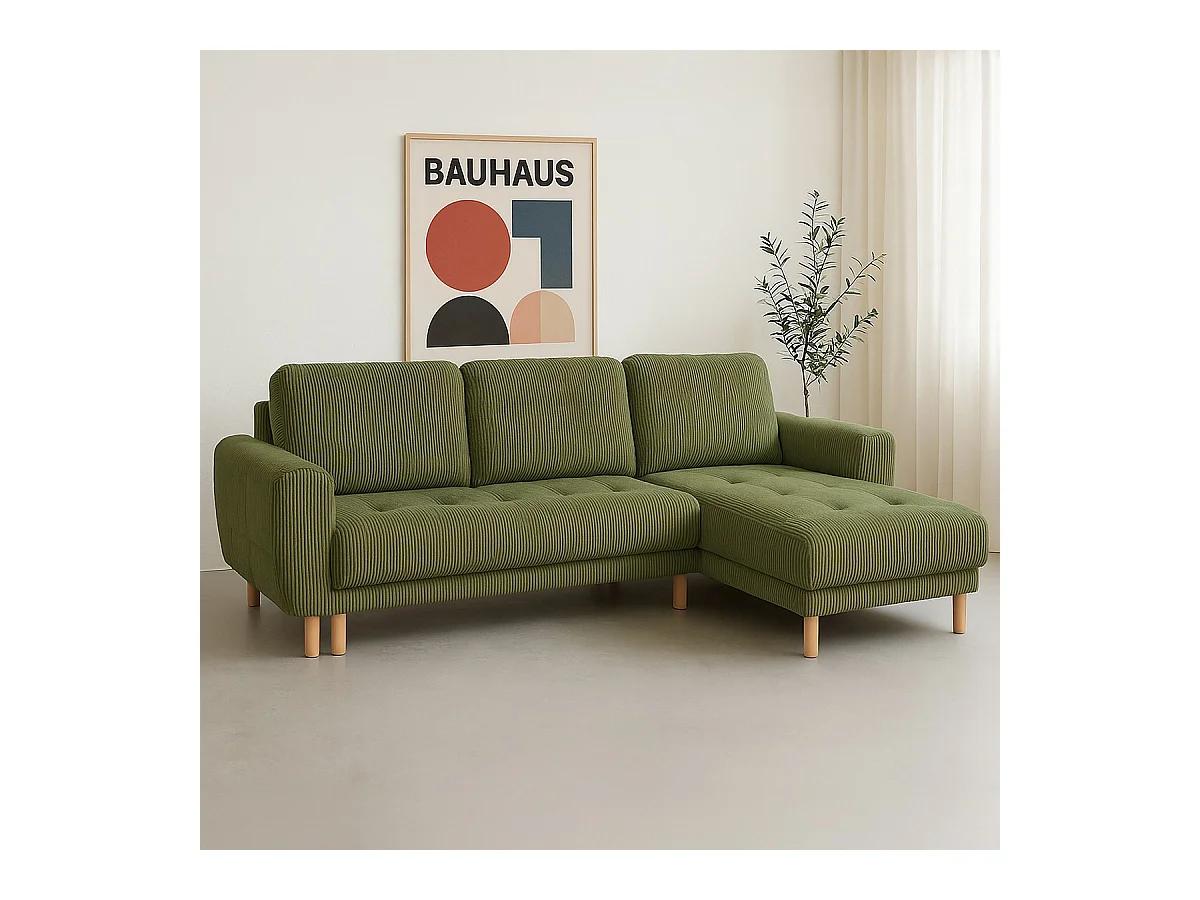 Canapé d'angle convertible réversible 3/4 places en velours côtelé vert kaki - Alva