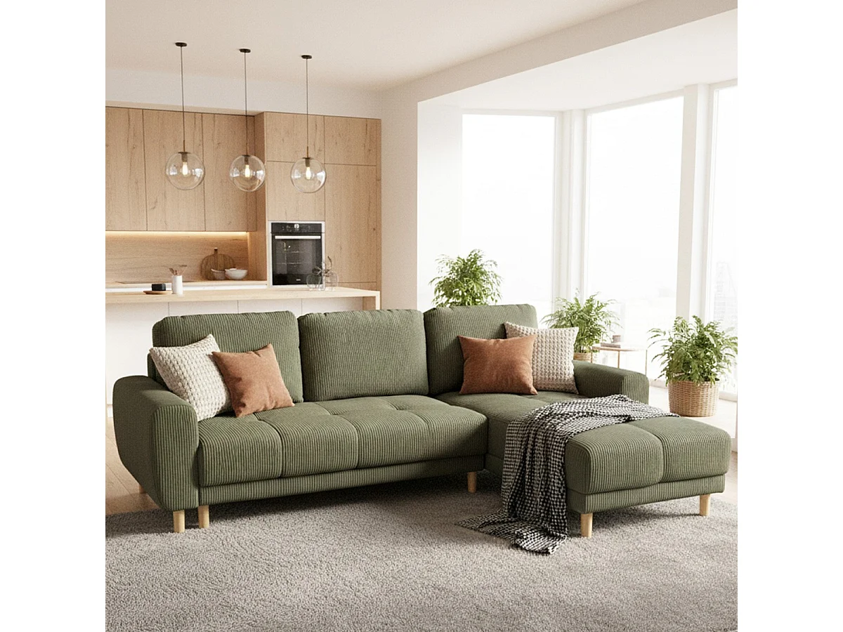 Canapé d'angle convertible réversible 3/4 places en velours côtelé vert kaki - Alva