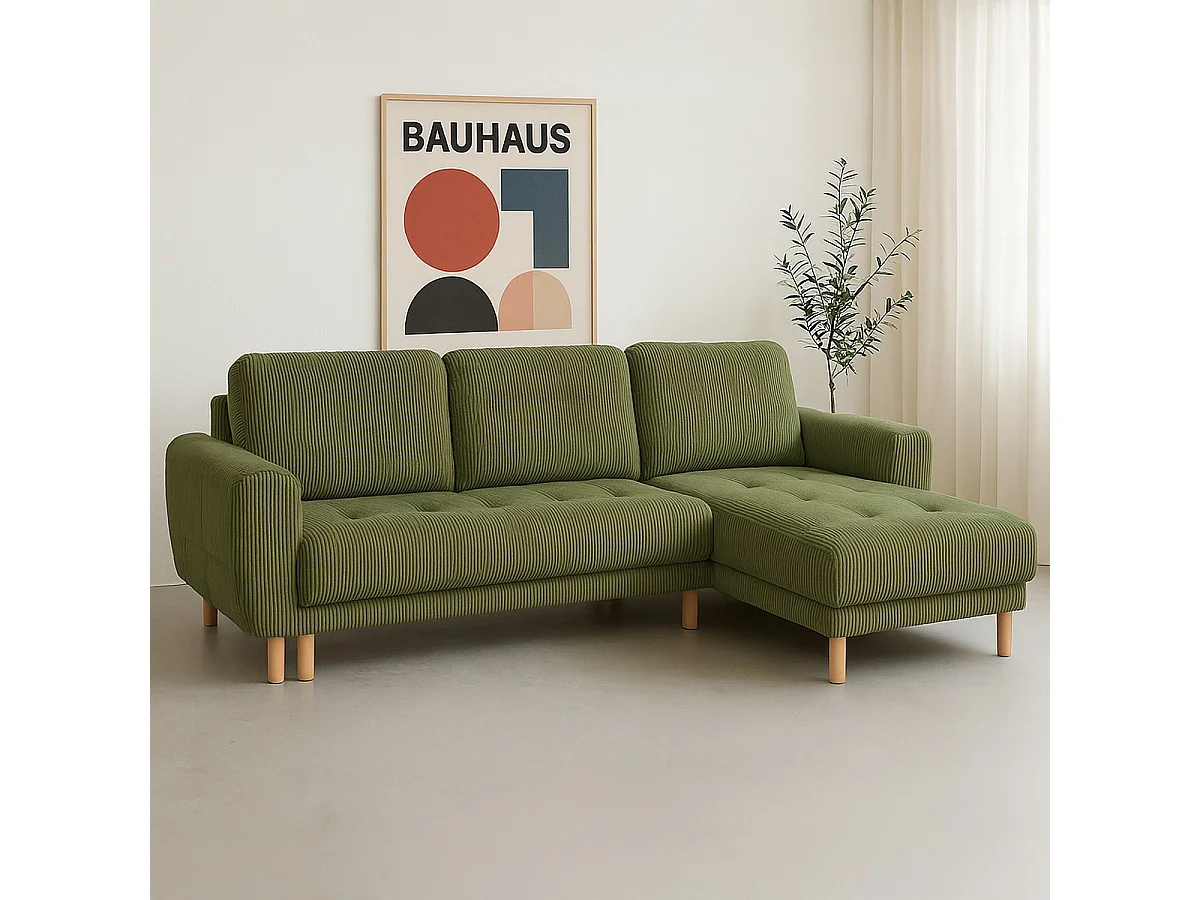 Canapé d'angle convertible réversible 3/4 places en velours côtelé vert kaki - Alva
