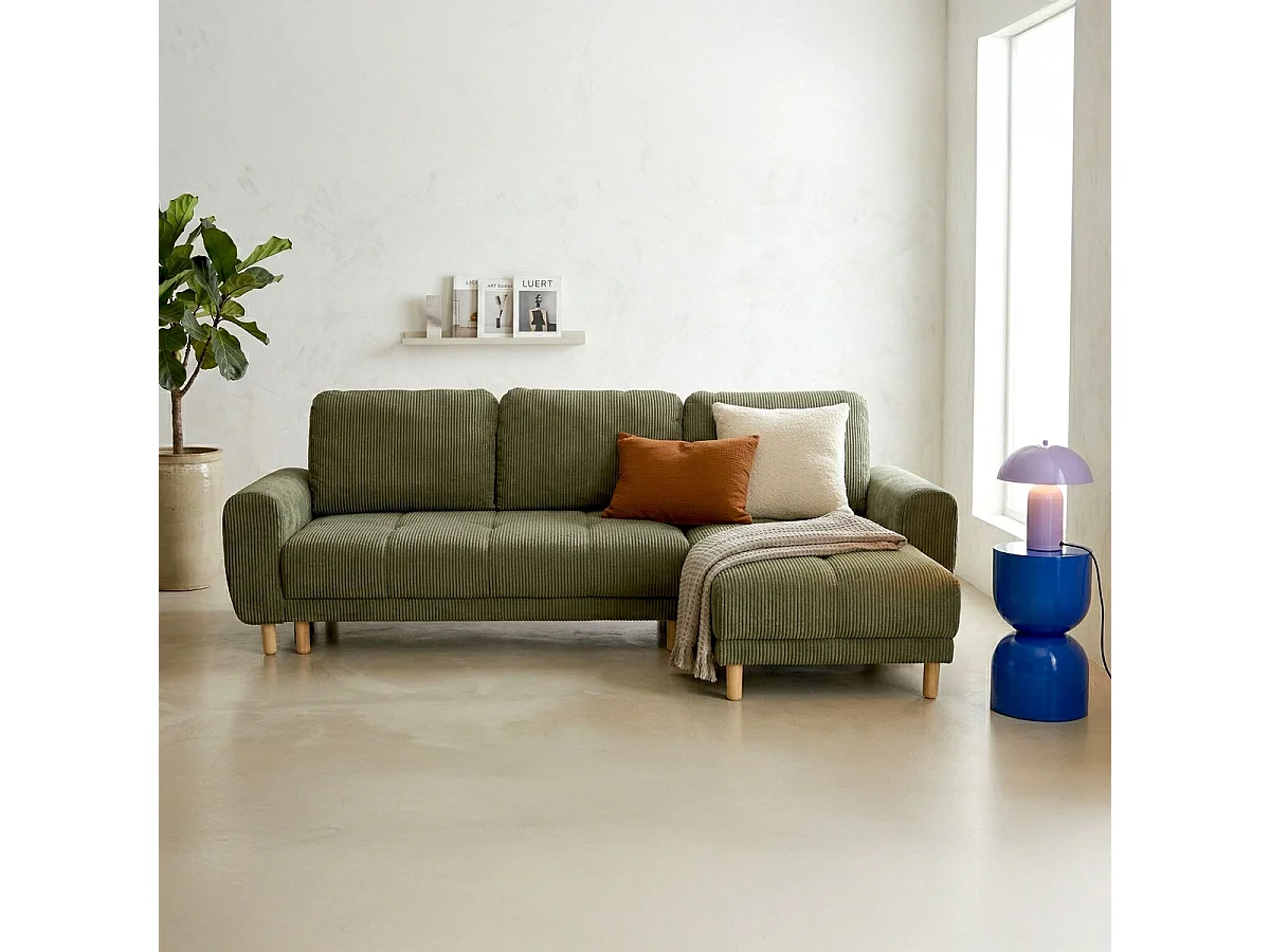 Canapé d'angle convertible réversible 3/4 places en velours côtelé vert kaki - Alva