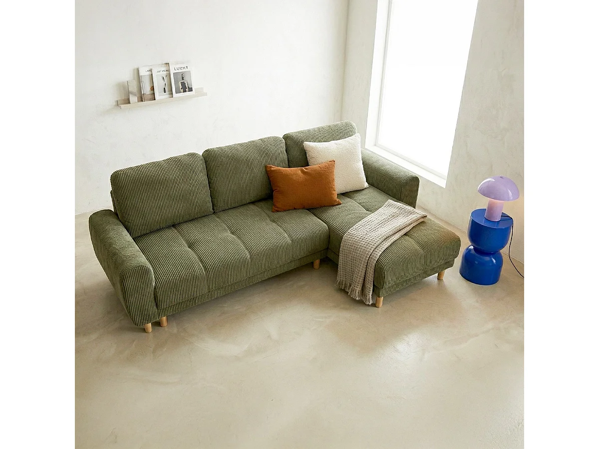 Canapé d'angle convertible réversible 3/4 places en velours côtelé vert kaki - Alva